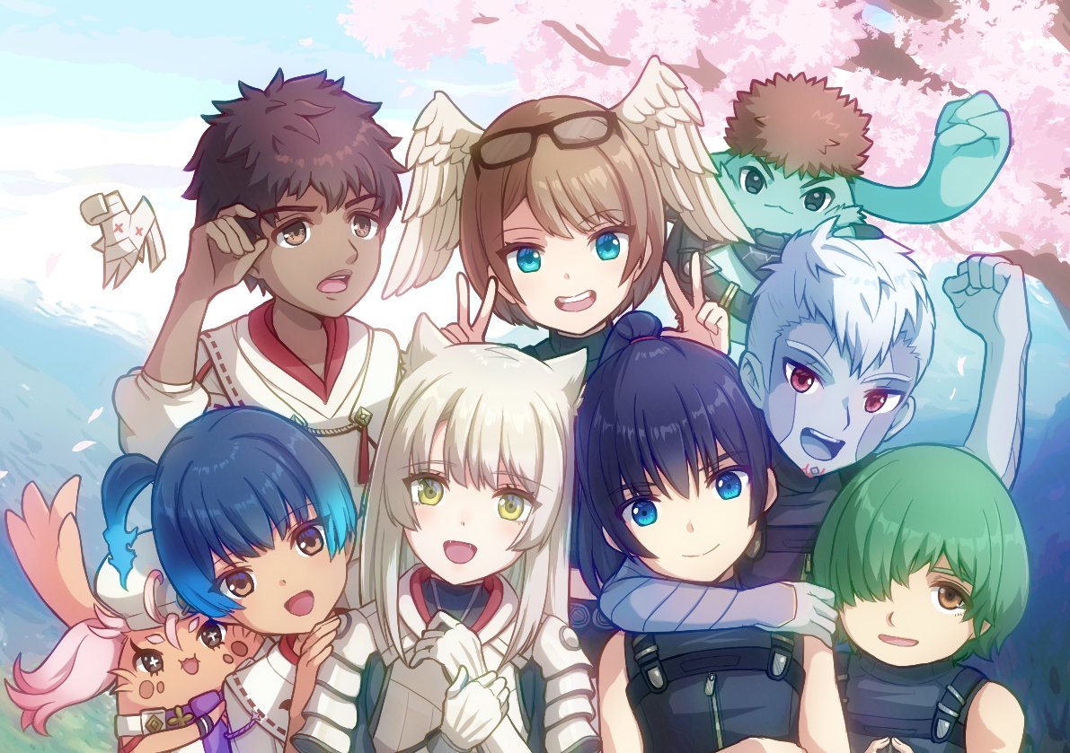 4girls 5boys aged_down animal_ears black-framed_eyewear blue_eyes blue_hair brown_eyes brown_hair cat_ears cherry_blossoms clearb01 closed_mouth colored_skin commentary_request creature dark-skinned_female dark-skinned_male dark_skin double_v eunie_(xenoblade) glasses gloves gradient_hair green_hair grey_hair grey_skin hair_over_one_eye head_wings joran_(xenoblade) lanz_(xenoblade) long_hair looking_at_viewer manana_(xenoblade) mio_(xenoblade) multicolored_hair multiple_boys multiple_girls noah_(xenoblade) nopon one_eye_covered open_mouth ponytail red_eyes riku_(xenoblade) sena_(xenoblade) short_hair smile taion_(xenoblade) two-tone_hair v white_hair xenoblade_chronicles_(series) xenoblade_chronicles_3 yellow_eyes