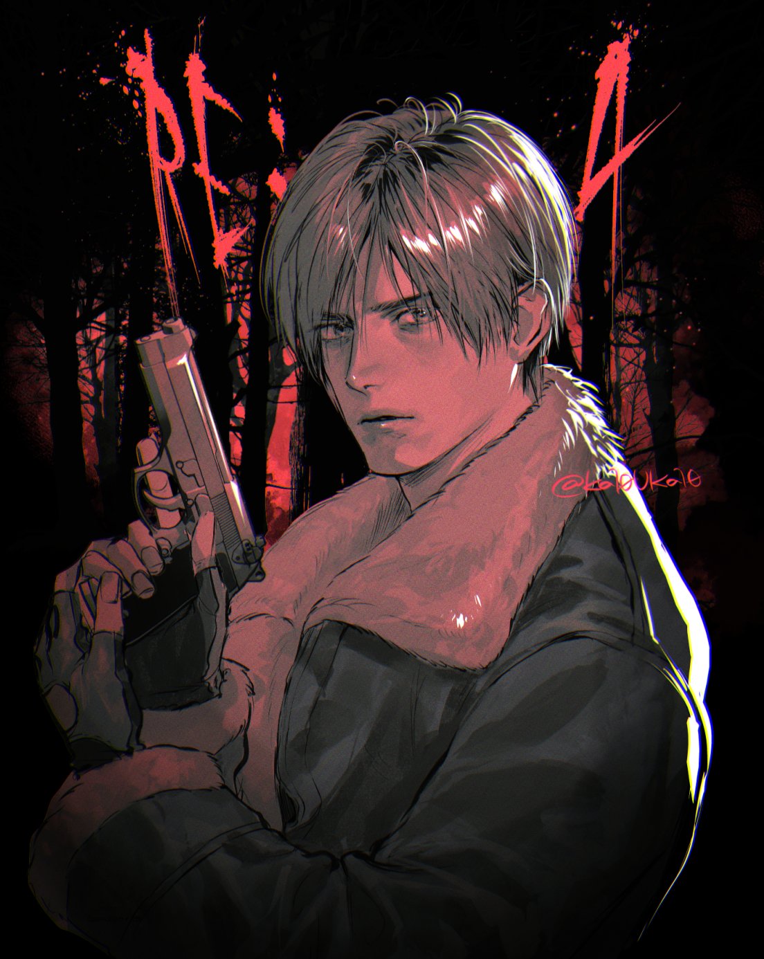 1boy copyright_name fingerless_gloves gloves gun highres holding holding_gun holding_weapon jacket katou_teppei leather leather_jacket leon_s._kennedy male_focus parted_lips resident_evil resident_evil_4 resident_evil_4_(remake) short_hair solo twitter_username upper_body weapon