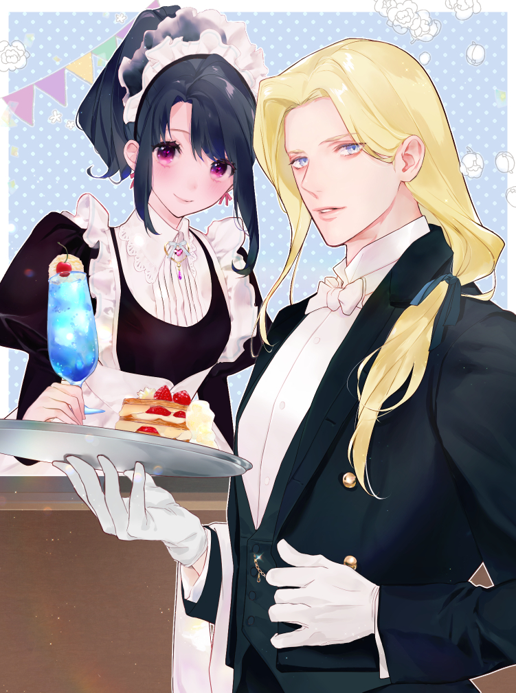 1boy 1girl andy_bogard black_coat black_hair blonde_hair blue_eyes bow bowtie butler cake cake_slice closed_mouth coat cup food frills gloves holding holding_cup holding_plate long_hair long_sleeves looking_at_viewer maid maid_headdress mitsumine_yukari mmts_g open_mouth plate ponytail puffy_sleeves purple_hair shirt smile the_king_of_fighters the_king_of_fighters_for_girls white_bow white_bowtie white_gloves white_headdress white_shirt