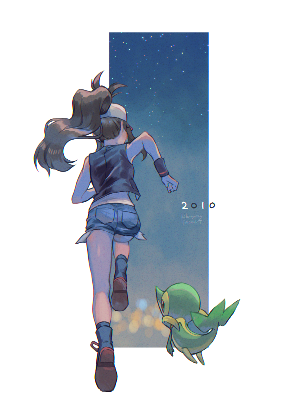 1girl artist_name bare_shoulders black_vest black_wristband blue_shorts boots brown_footwear brown_hair city_lights commentary cutoffs dated dated_commentary denim denim_shorts exposed_pocket facing_away full_body hat high_ponytail highres hilda_(pokemon) kikuyoshi_(tracco) lens_flare long_hair night night_sky pokemon pokemon_(creature) pokemon_(game) pokemon_bw ponytail running shirt short_shorts shorts sidelocks sky sleeveless sleeveless_shirt snivy star_(sky) vest white_background white_headwear white_shirt wristband