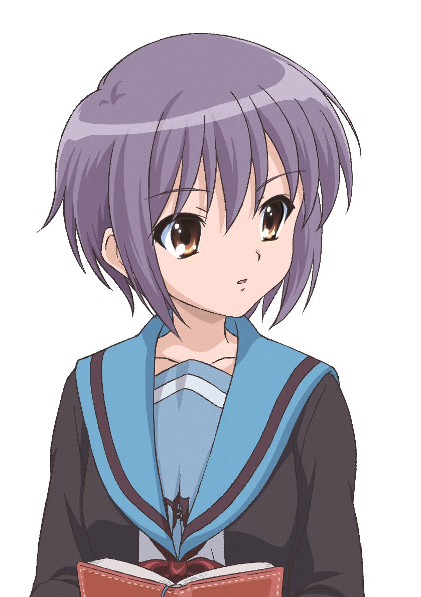 1girl blue_sailor_collar book brown_cardigan cardigan collarbone commentary_request decocharaseal holding holding_book kita_high_school_uniform long_sleeves looking_to_the_side nagato_yuki open_cardigan open_clothes parted_lips purple_hair red_ribbon ribbon sailor_collar school_uniform serafuku short_hair simple_background solo suzumiya_haruhi_no_yuuutsu upper_body white_background winter_uniform