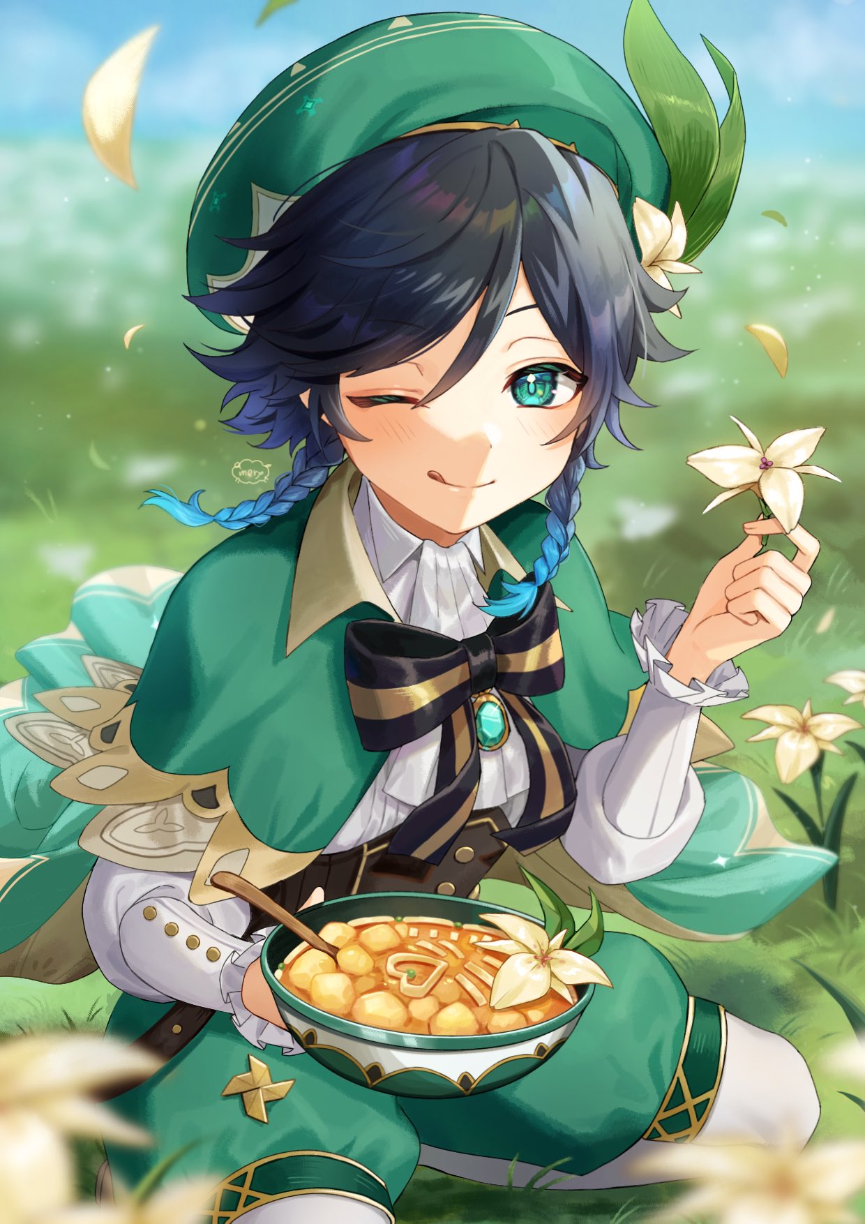 1boy :d androgynous beret black_hair blue_hair blurry blurry_background blurry_foreground blush bow bowl braid brooch cape closed_eyes closed_mouth collared_cape collared_shirt commentary_request corset falling_leaves feathers flower food frilled_sleeves frills gem genshin_impact gradient_hair green_cape green_eyes green_headwear green_shorts hat hat_flower highres hitsujino_mery holding holding_bowl holding_flower holding_food jewelry leaf licking_lips light_particles long_sleeves looking_at_viewer male_focus multicolored_hair one_eye_closed pantyhose pinwheel shirt short_hair_with_long_locks shorts side_braids sidelocks smile solo tongue tongue_out twin_braids venti_(genshin_impact) white_flower white_pantyhose white_shirt