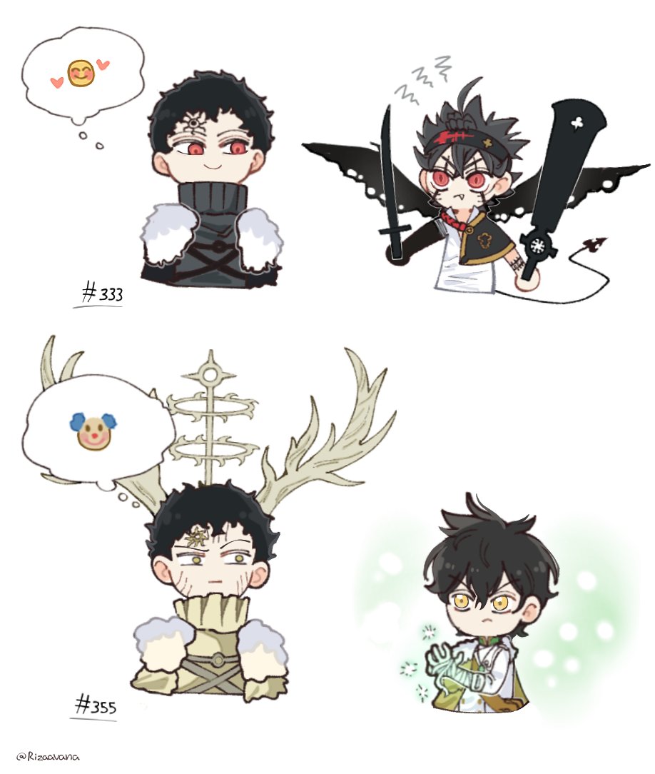 antlers asta_(black_clover) bandaged_arm bandages black_clover black_hair black_headband capelet collared_shirt double_halo dual_wielding facial_mark forehead_mark fur-trimmed_capelet fur_trim halo headband holding holding_sword holding_weapon lucius_zogratis red_eyes rizaavana shirt short_hair sword twitter_username uniform weapon yellow_capelet yuno_(black_clover)