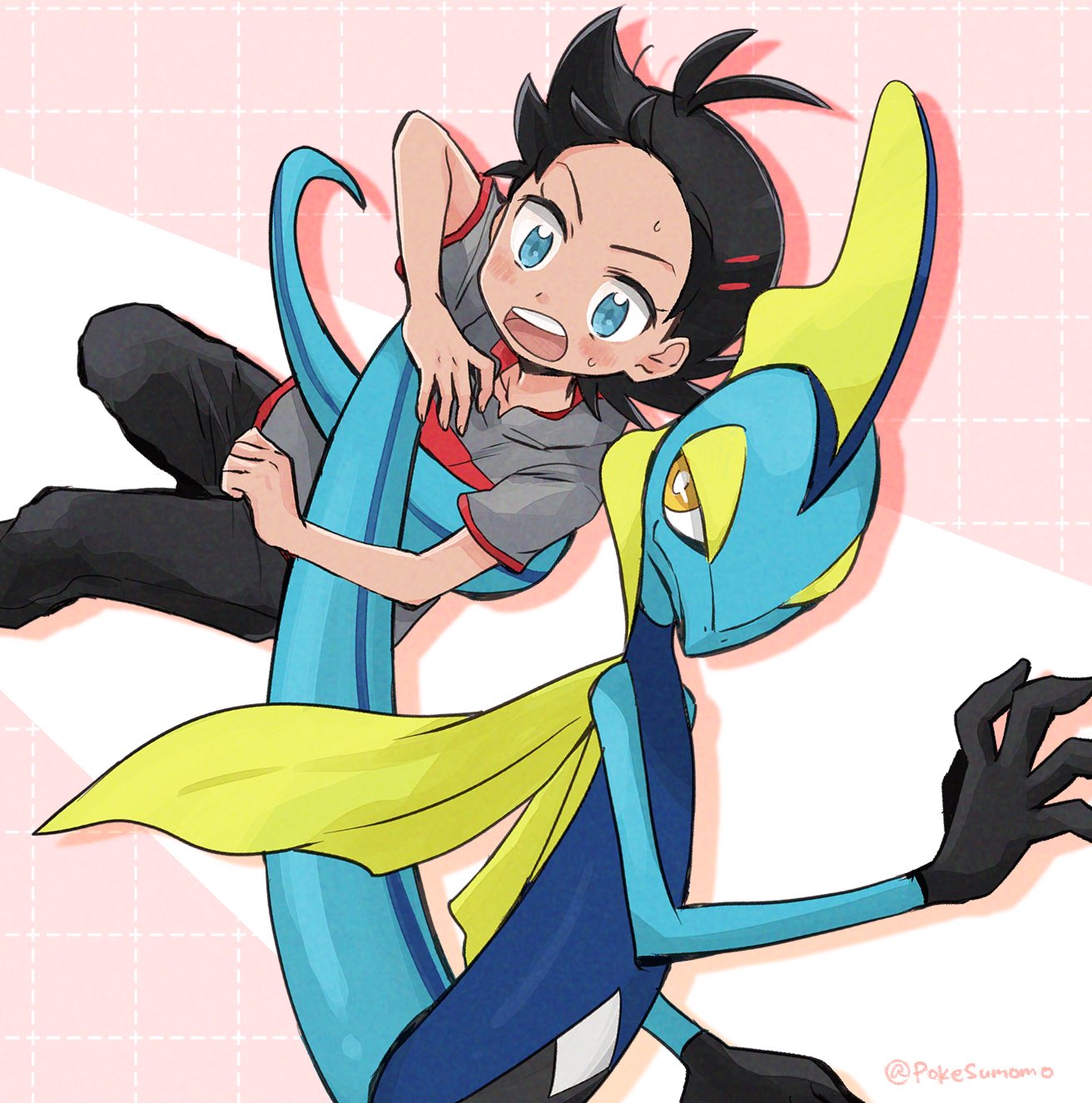 1boy antenna_hair black_hair black_pants blue_eyes blush bright_pupils carrying closed_mouth commentary_request goh_(pokemon) grey_shirt highres inteleon male_focus open_mouth pants pokemon pokemon_(anime) pokemon_(creature) pokemon_journeys pokesumomo shirt short_sleeves sweat teeth tongue twitter_username upper_teeth_only watermark white_pupils yellow_eyes