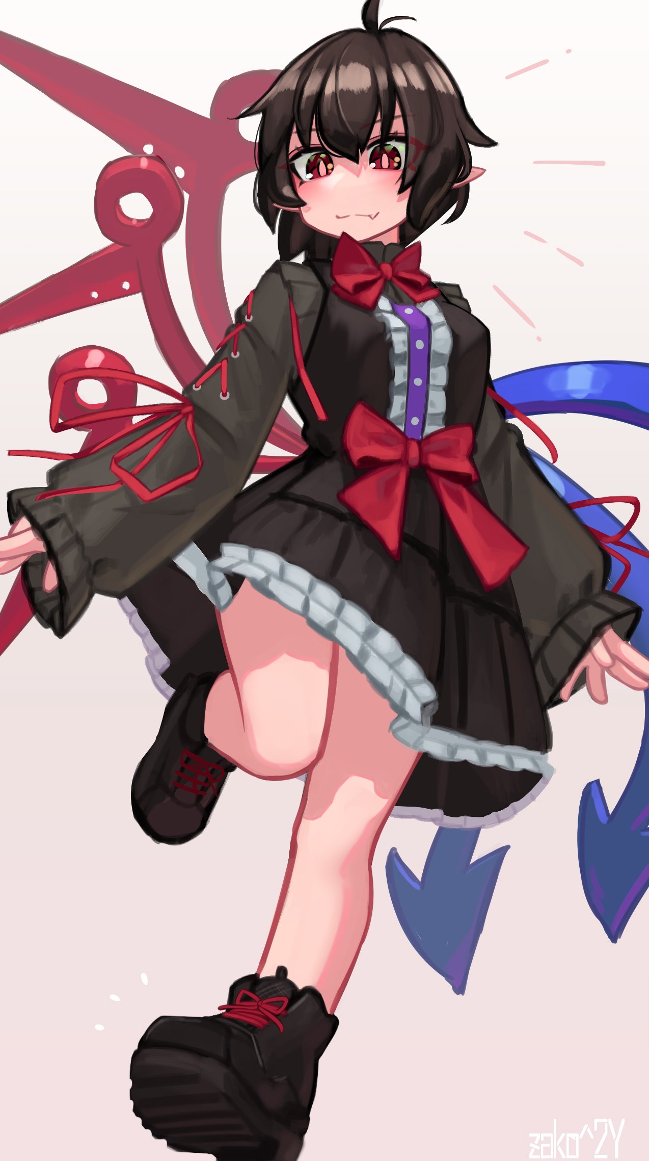 1girl adapted_costume ahoge antenna_hair asymmetrical_wings black_dress black_hair blush bow bowtie breasts dress eyes_visible_through_hair fang frills full_body highres houjuu_nue medium_breasts pointy_ears red_bow red_bowtie red_eyes red_wings running simple_background skin_fang sleeves_past_wrists smile solo standing standing_on_one_leg touhou white_background wings zakozako_y