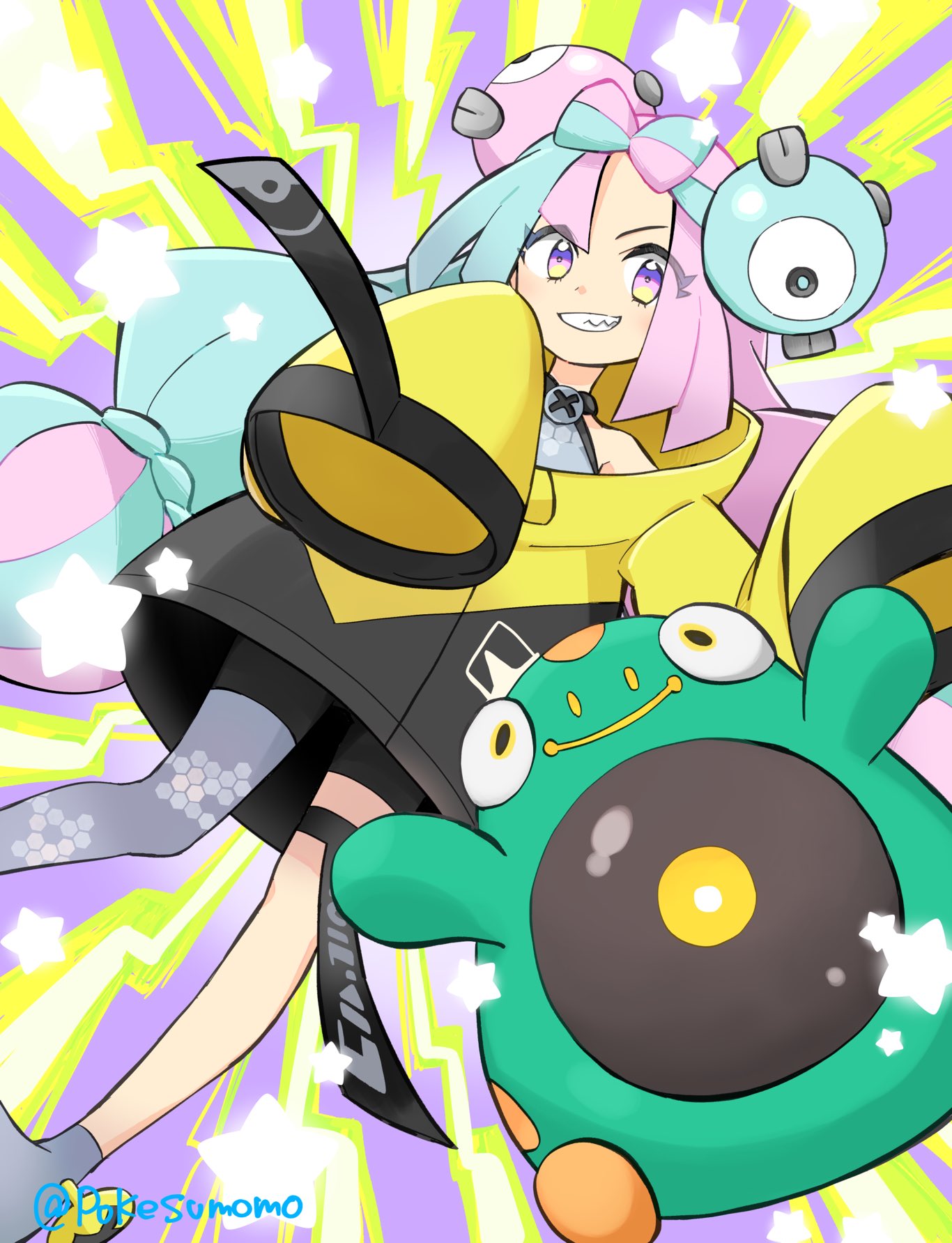 1girl bellibolt bike_shorts boots commentary_request electricity green_hair grey_footwear grey_pantyhose grey_shirt grin highres iono_(pokemon) jacket long_hair multicolored_hair pantyhose pink_hair pokemon pokemon_(creature) pokemon_(game) pokemon_sv pokesumomo shirt single_leg_pantyhose sleeveless sleeveless_shirt sleeves_past_fingers sleeves_past_wrists smile star_(symbol) teeth thigh_strap twintails twitter_username two-tone_hair violet_eyes watermark yellow_jacket