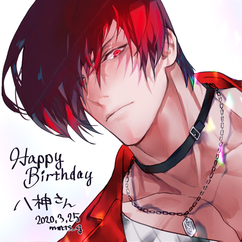 1boy artist_name black_choker chain_necklace choker closed_mouth collarbone dated english_text hair_over_one_eye happy_birthday jewelry looking_at_viewer male_focus mmts_g muscular muscular_male necklace red_eyes redhead short_hair simple_background solo the_king_of_fighters the_king_of_fighters_for_girls yagami_iori