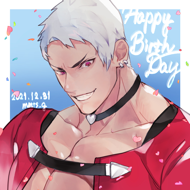 1boy artist_name black_choker choker collarbone confetti dated earrings english_text evil_grin evil_smile grin happy_birthday jewelry looking_at_viewer male_focus mmts_g muscular muscular_male nanakase_yashiro pectorals pink_eyes short_hair simple_background smile solo teeth the_king_of_fighters the_king_of_fighters_for_girls white_hair