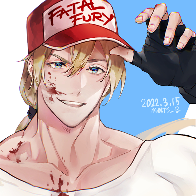 1boy adjusting_clothes adjusting_headwear artist_name baseball_cap black_gloves blood blood_on_clothes blood_on_face blood_on_hands blue_eyes collarbone dated english_text fatal_fury_cap fingerless_gloves gloves hair_between_eyes hat long_hair looking_at_viewer male_focus mmts_g muscular muscular_male open_mouth ponytail simple_background smile solo teeth the_king_of_fighters the_king_of_fighters_for_girls upper_teeth_only
