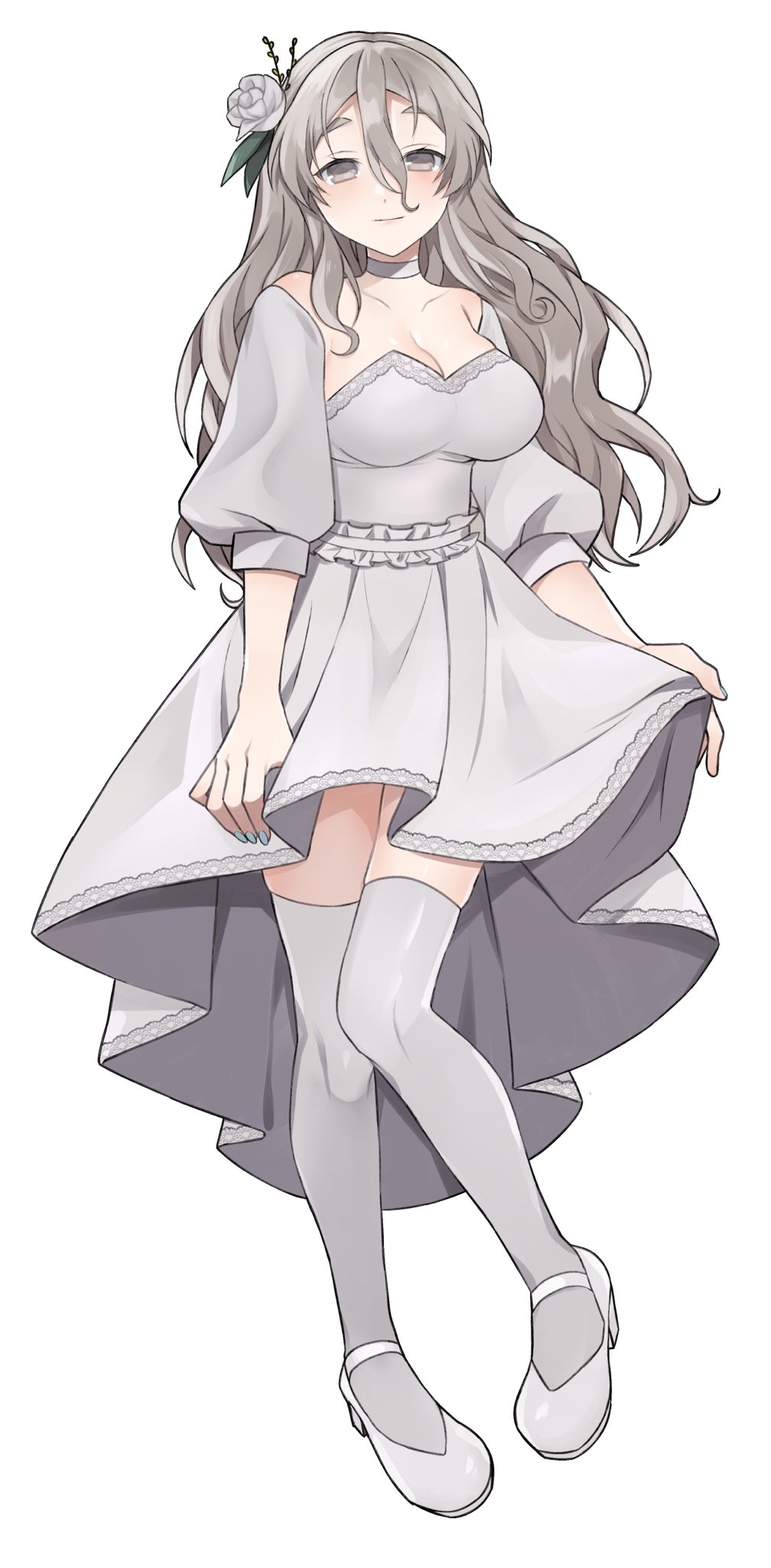 1girl alternate_costume breasts brown_eyes dress flower grey_hair hair_between_eyes hair_flower hair_ornament highres kantai_collection large_breasts pola_(kancolle) rose simple_background skirt_hold solo thick_eyebrows thigh-highs toriniku_senshi_chikinman wavy_hair white_background white_dress white_flower white_footwear white_rose white_thighhighs