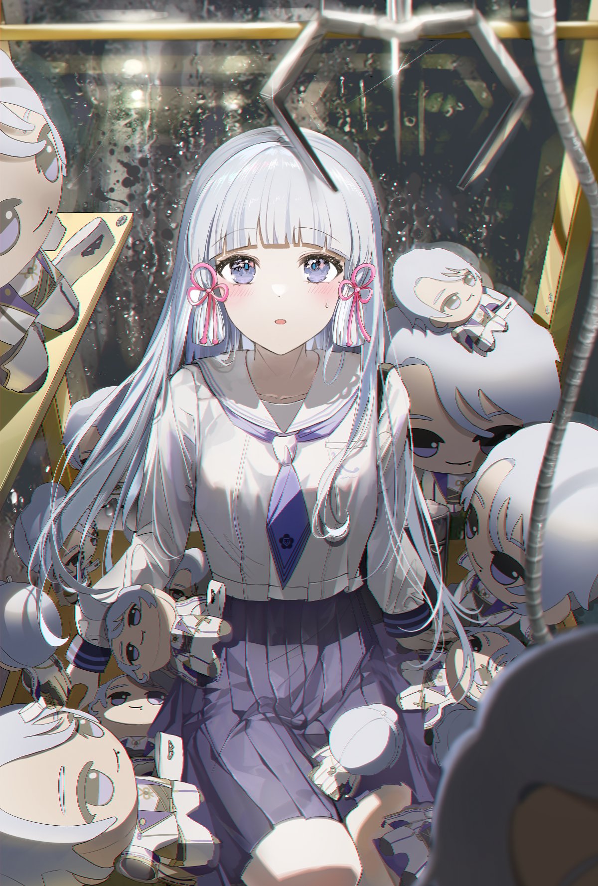 1girl black_skirt blue_eyes blue_neckerchief blunt_bangs blunt_tresses blush character_doll chinese_knot crane_game floral_print genshin_impact grey_hair highres isobe47 kamisato_ayaka kamisato_ayaka_(heytea) kamisato_ayato long_hair long_sleeves looking_at_viewer neckerchief official_alternate_costume parted_lips pleated_skirt sailor_collar shirt sitting skirt solo sweatdrop table too_many_dolls water_drop white_sailor_collar white_shirt window