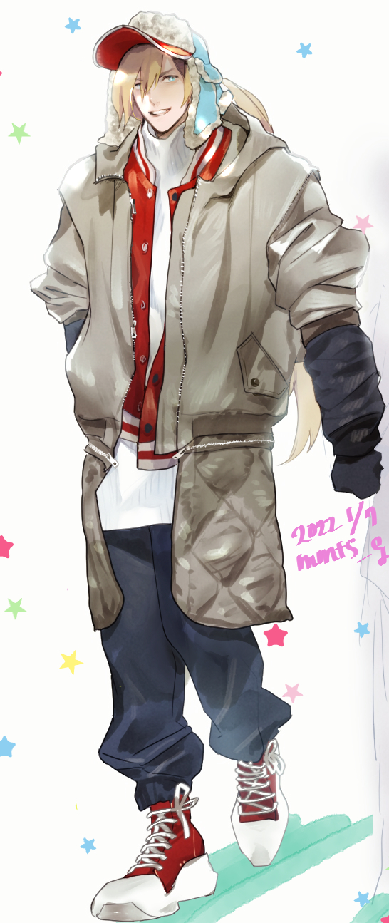 1boy artist_name baseball_cap blonde_hair blue_eyes dated english_text hair_between_eyes hand_in_pocket hat highres jacket long_hair long_sleeves looking_at_viewer male_focus mmts_g open_clothes open_jacket open_mouth oversized_clothes sleeves_past_wrists smile solo star_(symbol) teeth terry_bogard the_king_of_fighters_for_girls