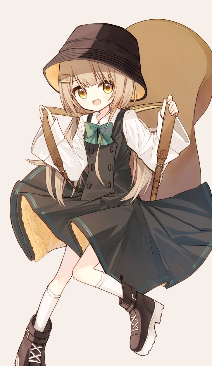 1girl :d backpack bag black_headwear black_skirt black_vest bow brown_eyes brown_footwear brown_hair collared_shirt commentary_request green_bow grey_background hat highres long_hair long_sleeves low_twintails original shirt shoes simple_background skirt sleeves_past_wrists smile socks solo squirrel_girl_(yuuhagi_(amaretto-no-natsu)) standing standing_on_one_leg twintails very_long_hair vest white_shirt white_socks wide_sleeves yuuhagi_(amaretto-no-natsu)