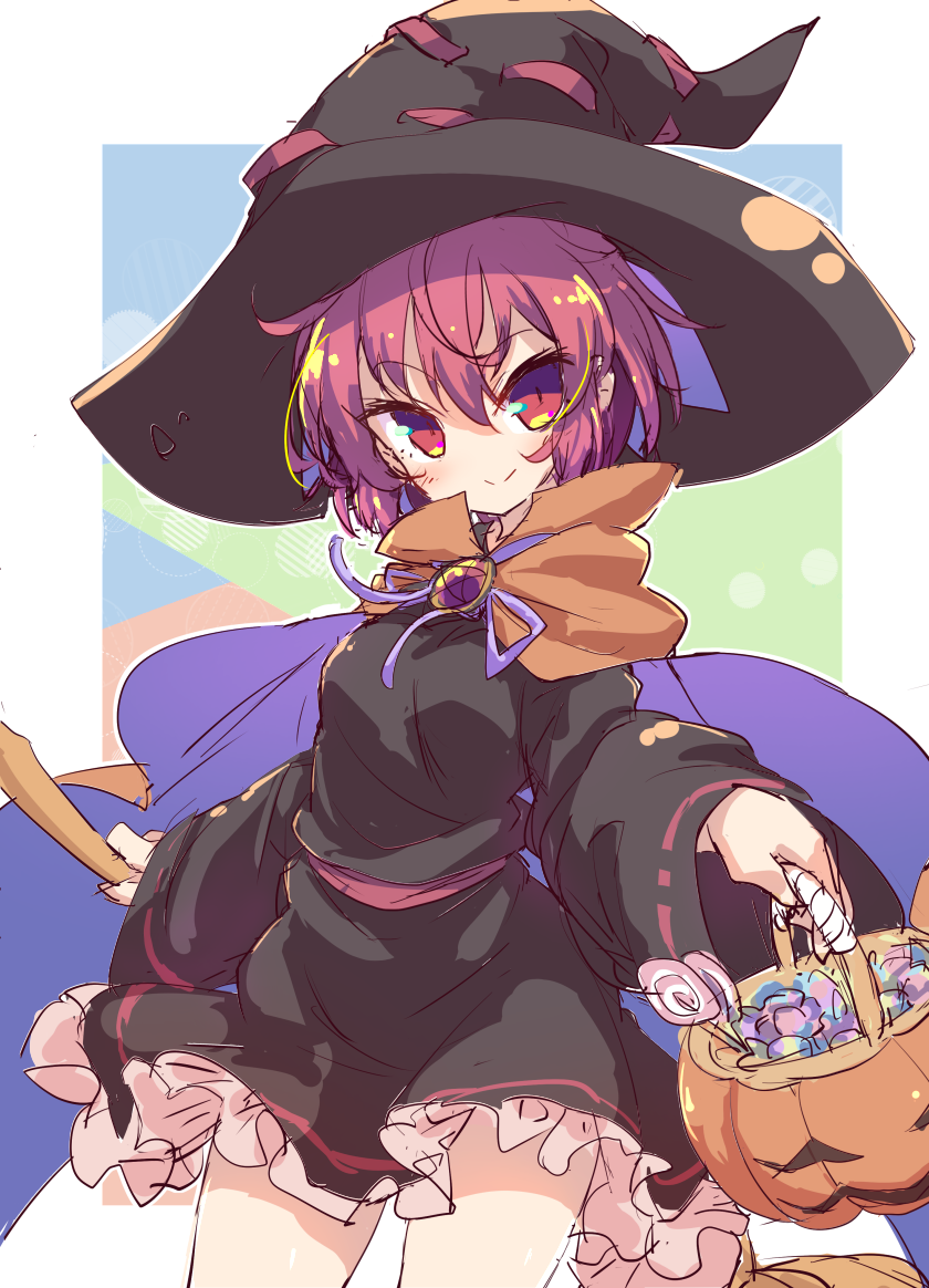 1girl basket black_dress black_headwear broom candy cloak closed_mouth cowboy_shot dress food halloween halloween_costume hat holding holding_basket holding_broom isu_(is88) jack-o'-lantern lollipop long_sleeves looking_at_viewer red_eyes redhead sekibanki short_hair smile solo standing touhou witch witch_hat