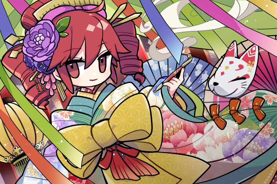 1girl alternate_costume bow closed_mouth colorful commentary_request drill_hair dutch_angle floral_print flower fox_mask furisode hair_flower hair_ornament hair_stick hand_up holding holding_smoking_pipe japanese_clothes kanzashi kasane_teto kimono kiseru lantern layered_clothes layered_kimono looking_at_viewer mask mask_removed multicolored_clothes multicolored_kimono nihongami obi paper_lantern print_kimono purple_flower red_eyes red_nails redhead sash sideways_glance smile smoking_pipe solo streamers twin_drills upper_body utau wide_sleeves yellow_bow yoshiki