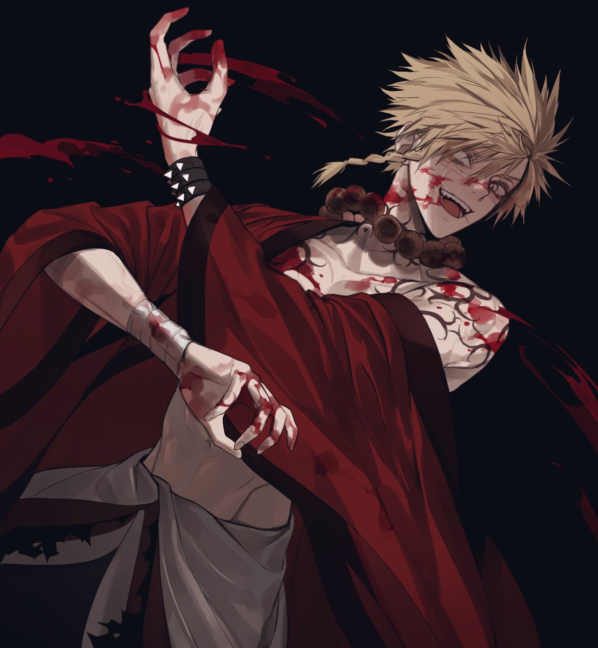 1boy aza_choubei bandaged_arm bandages bead_necklace beads blank_eyes blonde_hair blood blood_on_arm blood_on_face blood_on_hands body_markings bracelet braid cross_scar highres jewelry jigokuraku looking_at_viewer mono1010101 necklace off_shoulder open_clothes open_mouth red_robe robe scar scar_across_eye sharp_teeth short_hair side_braid smile solo spiked_bracelet spikes teeth