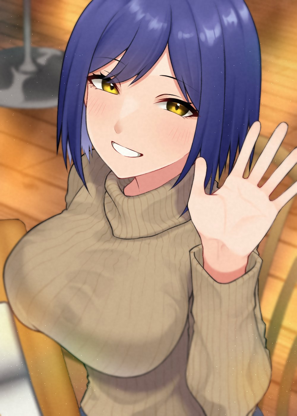1girl blue_hair blurry blurry_background blush breasts brown_sweater chair commentary highres large_breasts long_sleeves looking_at_viewer nijisanji parted_bangs parted_lips ribbed_sweater shizuka_rin short_hair sitting smile solo sweater touki_(tsuitta) turtleneck turtleneck_sweater upper_body virtual_youtuber waving wooden_floor yellow_eyes
