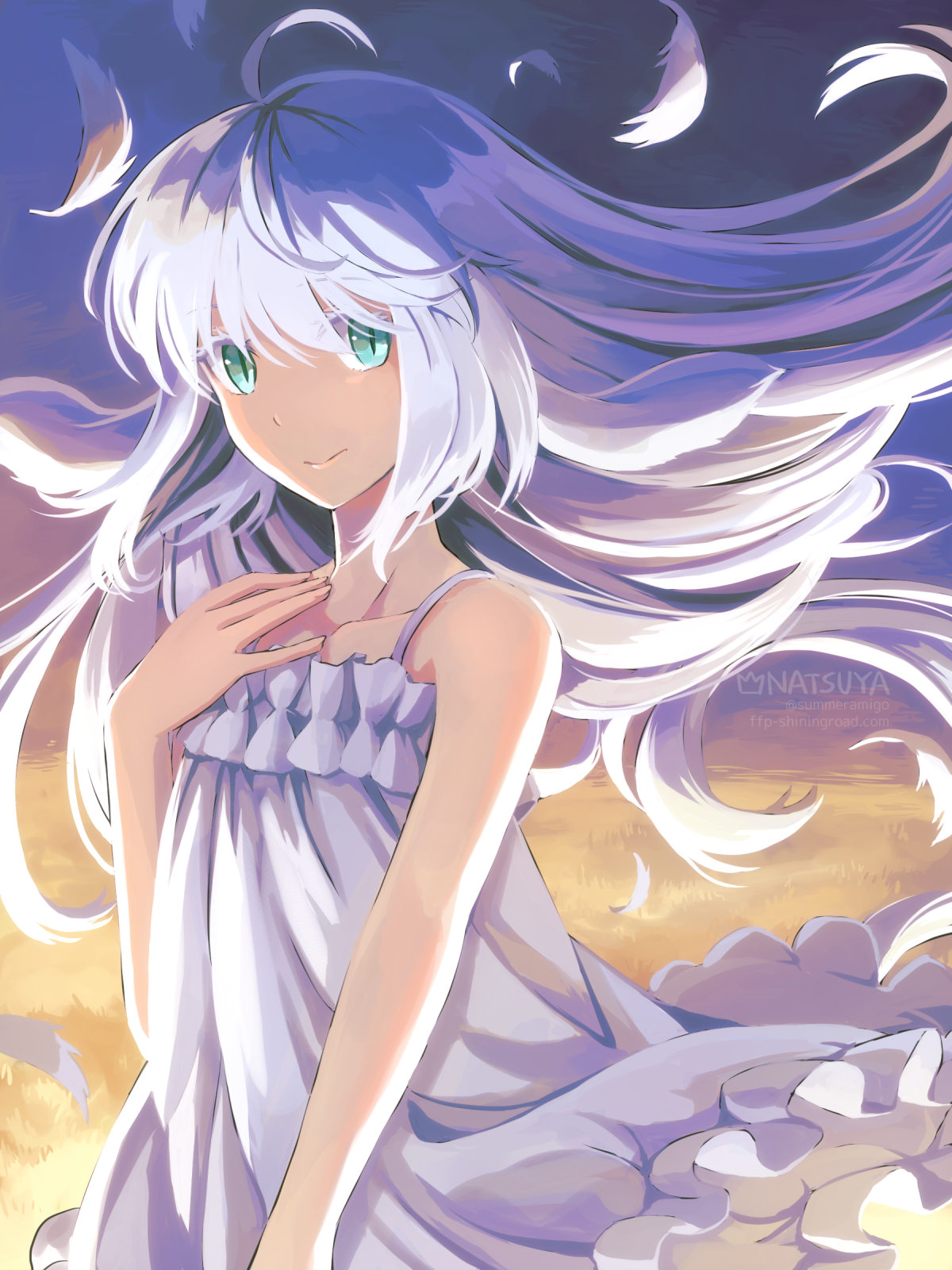 1girl blue_eyes closed_mouth commentary_request cowboy_shot dress feathers flat_chest floating_hair frilled_dress frills hair_between_eyes hand_on_own_chest highres long_bangs long_hair looking_at_viewer natsuya_(kuttuki) original sleeveless sleeveless_dress slit_pupils smile solo sundress twitter_username web_address white_dress white_hair