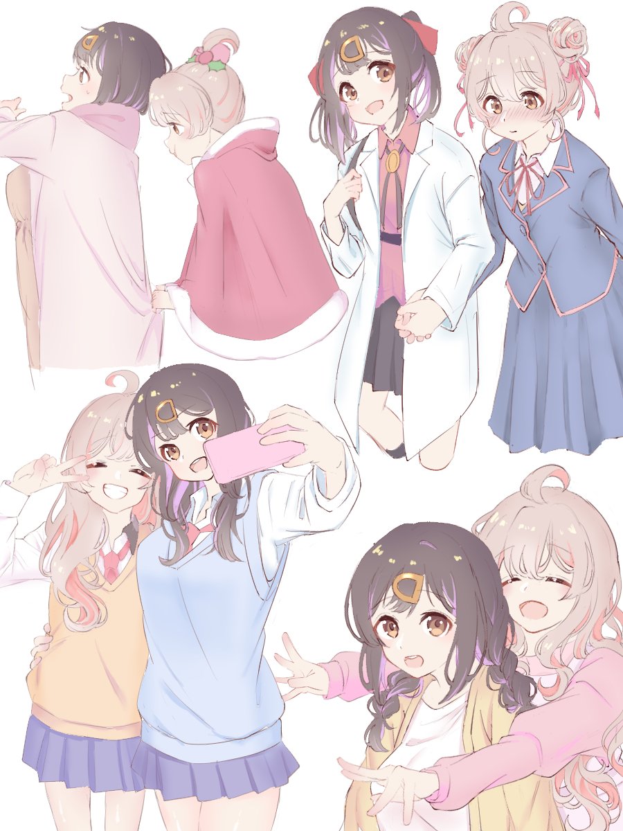 2girls :d ^_^ ahoge black_hair black_jacket black_skirt blue_eyes blue_skirt blue_vest blush bolo_tie braid brown_eyes closed_eyes commentary double_bun grin gyaru hair_between_eyes hair_bun hair_ornament hair_over_shoulder hair_ribbon hairclip highres hiiragi_iwashi_(artist) holding_hands holly_hair_ornament hug interlocked_fingers jacket labcoat long_hair long_skirt long_sleeves miniskirt multicolored_hair multiple_girls multiple_views official_alternate_costume onii-chan_wa_oshimai! open_mouth oyama_mahiro oyama_mihari pink_hair pleated_skirt poncho pout purple_hair red_ribbon red_shirt ribbon school_uniform selfie shirt siblings simple_background sisters skirt smile twin_braids twintails two-tone_hair v vest wavy_hair white_background white_shirt yellow_vest