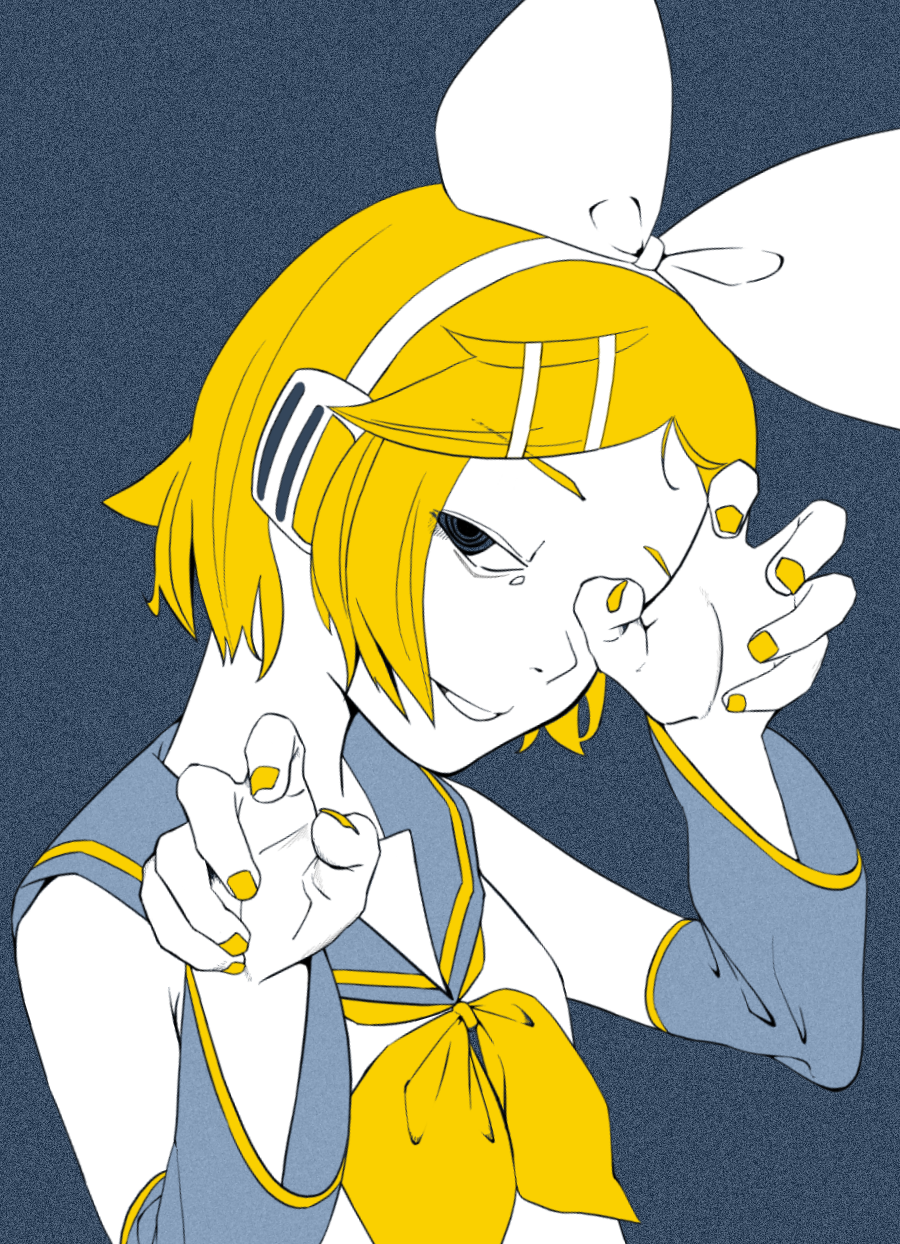 1girl alternate_eye_color black_eyes blonde_hair bow claw_pose commentary covering_one_eye detached_sleeves from_side grin hair_bow hair_ornament hairclip half-closed_eyes hands_up headphones highres ikki_(inferiorin) kagamine_rin limited_palette looking_at_viewer looking_to_the_side neckerchief parted_bangs ringed_eyes school_uniform serafuku shirt short_hair sideways_glance sleeveless sleeveless_shirt smile solid_eyes solo static upper_body vocaloid yellow_nails yellow_neckerchief