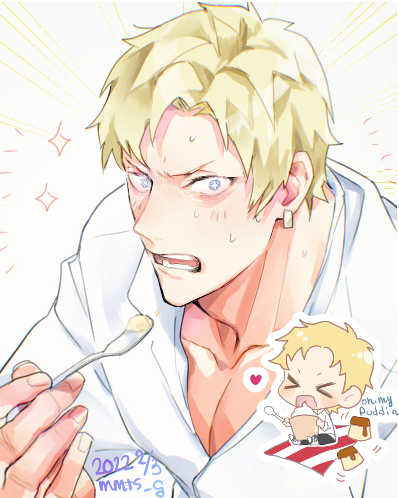 1boy artist_name billy_kane blonde_hair blue_eyes blush dated earrings eating embarrassed english_text food holding holding_spoon jewelry looking_at_viewer male_focus mmts_g open_mouth pudding solo spoon teeth the_king_of_fighters the_king_of_fighters_for_girls