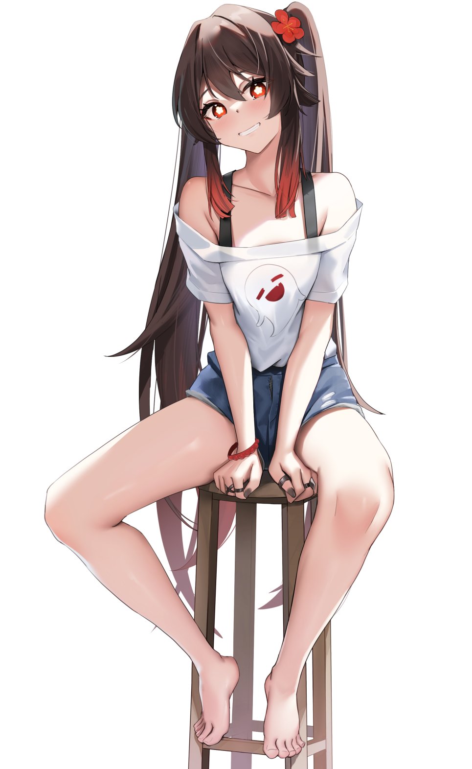 1girl barefoot black_nails brown_hair flower flower-shaped_pupils genshin_impact gradient_hair grin hair_flower hair_ornament highres hu_tao_(genshin_impact) jewelry long_hair looking_at_viewer multicolored_hair red_eyes ring simple_background skai_kun smile symbol-shaped_pupils thighs twintails white_background