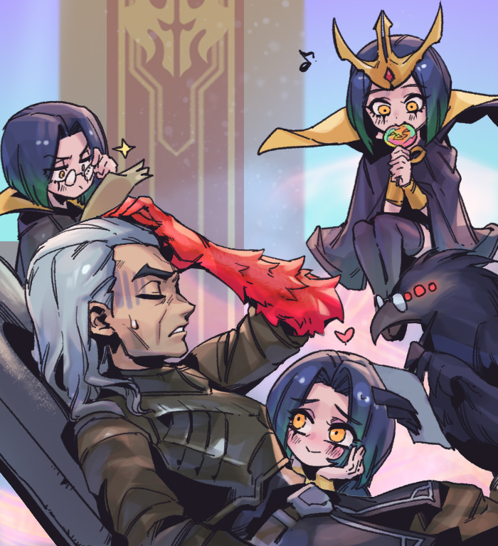 1boy 3girls armor beatrice_(league_of_legends) belt bespectacled bird black_cape black_thighhighs blue_background blush breastplate brown_belt candy cape colored_skin crow food glasses green_hair happy heart holding holding_candy holding_food holding_lollipop holding_paper holding_pen league_of_legends leblanc_(league_of_legends) lollipop looking_at_another medium_hair multiple_girls multiple_persona musical_note paper pen phantom_ix_row purple_hair red_skin round_eyewear sitting smile sparkle swain_(league_of_legends) thigh-highs yellow_eyes