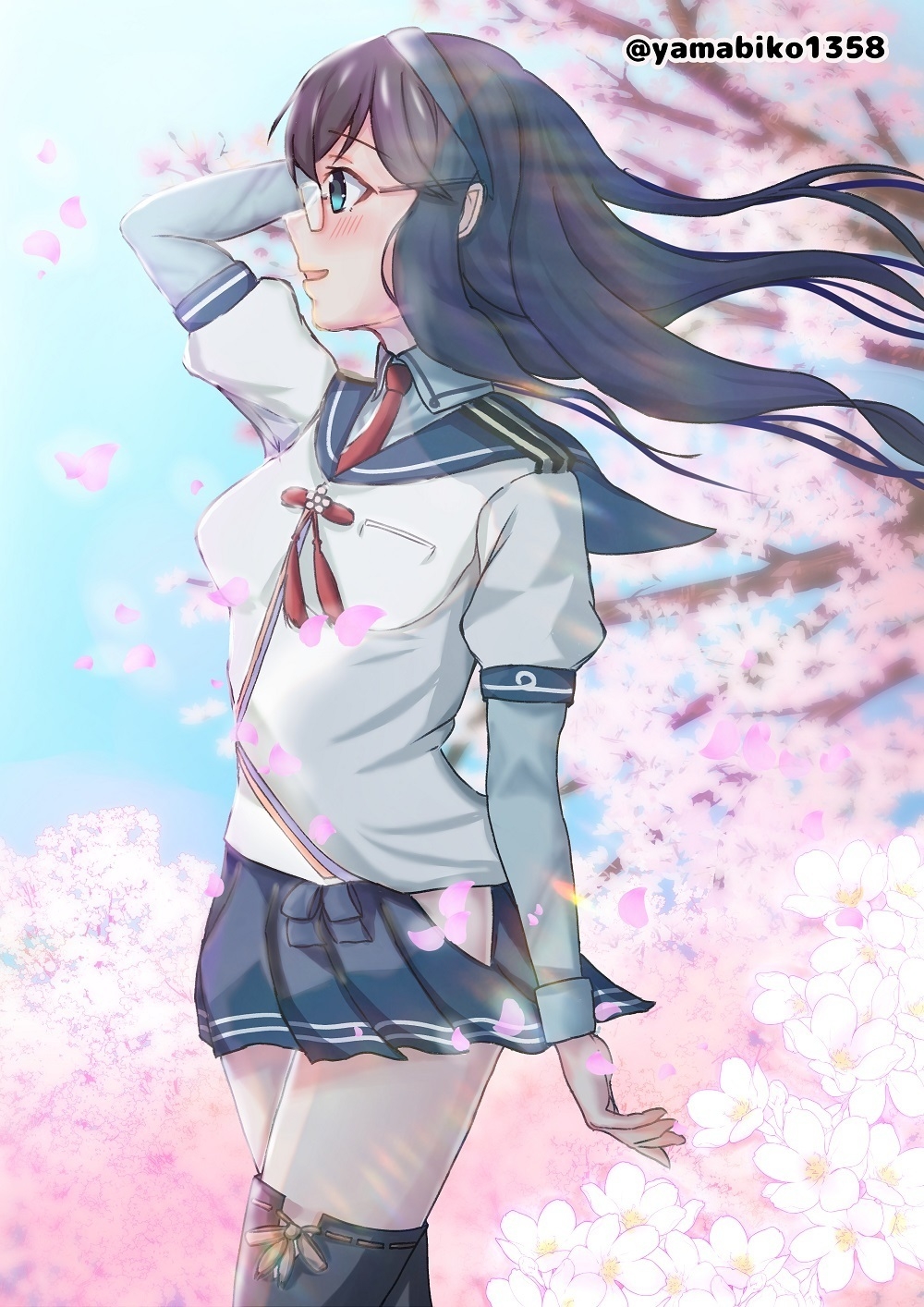 black_hair black_thighhighs blue_eyes blue_sailor_collar blue_skirt cherry_blossoms hairband hanami highres hip_vent kantai_collection long_hair mizuki_(uzuki_no_sato) necktie ooyodo_(kancolle) pleated_skirt red_necktie sailor_collar school_uniform semi-rimless_eyewear serafuku skirt thigh-highs twitter_username under-rim_eyewear white_hairband