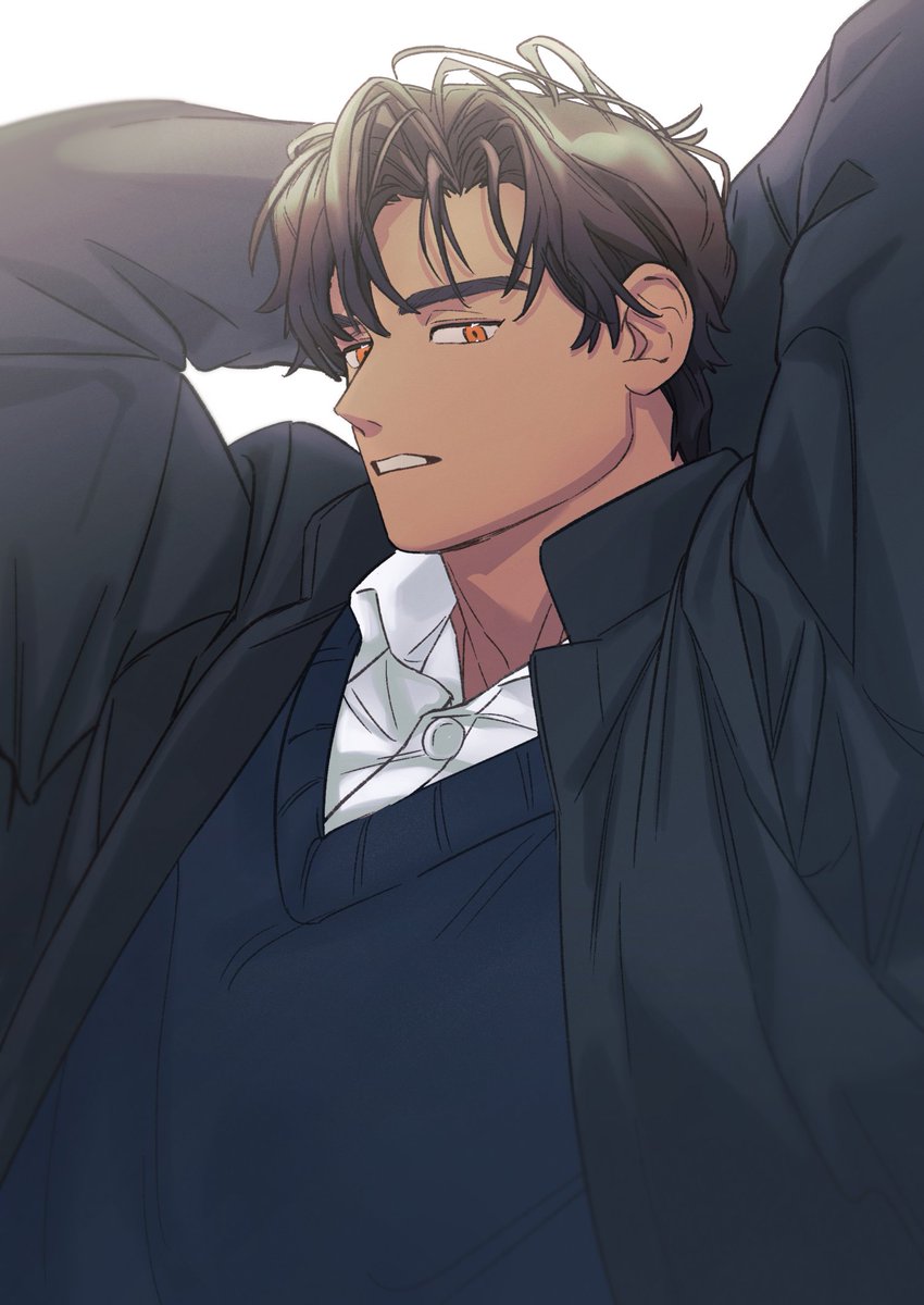 1boy arms_behind_head arms_up brown_hair collared_shirt highres jacket looking_at_viewer male_focus open_clothes open_jacket original shirt short_hair solo sweater takayakaiti_(tk049ccn) thick_eyebrows upper_body white_background