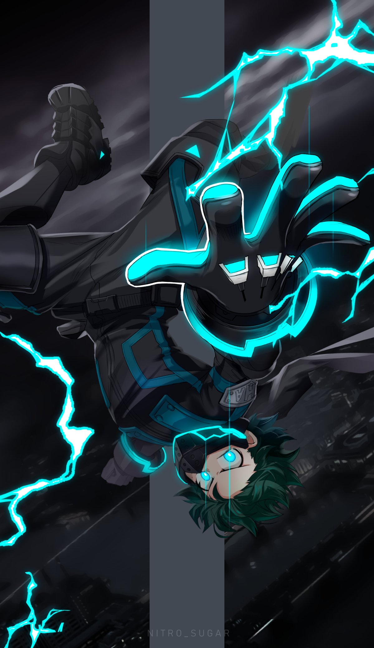 1boy alternate_eye_color artist_name badge belt black_belt black_bodysuit black_footwear black_gloves blue_eyes blue_gloves bodysuit boku_no_hero_academia bright_pupils city clenched_hand covered_mouth curly_hair electricity floating_clothes floating_hair foreshortening freckles full_body full_cowling_(boku_no_hero_academia) furrowed_brow gloves glowing glowing_clothes glowing_eyes green_hair highres knee_up looking_at_viewer looking_to_the_side male_focus midair midoriya_izuku night official_alternate_costume open_hand outdoors outstretched_arms outstretched_hand overcast rectangle reflection seoltang_(nitro_sugar) serious short_hair snap-fit_buckle solo spread_arms suspension_bridge turning_head upside-down v-shaped_eyebrows white_pupils