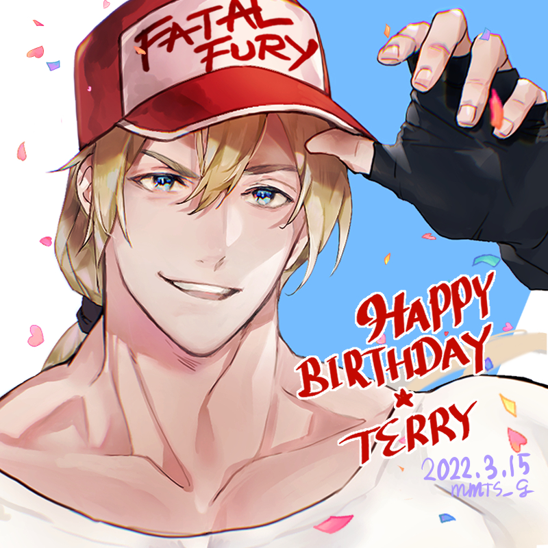 1boy adjusting_clothes adjusting_headwear artist_name baseball_cap black_gloves blue_eyes character_name collarbone confetti dated english_text fatal_fury_cap fingerless_gloves gloves hair_between_eyes happy_birthday hat long_hair looking_at_viewer male_focus mmts_g muscular muscular_male open_mouth ponytail simple_background smile solo teeth the_king_of_fighters the_king_of_fighters_for_girls upper_teeth_only