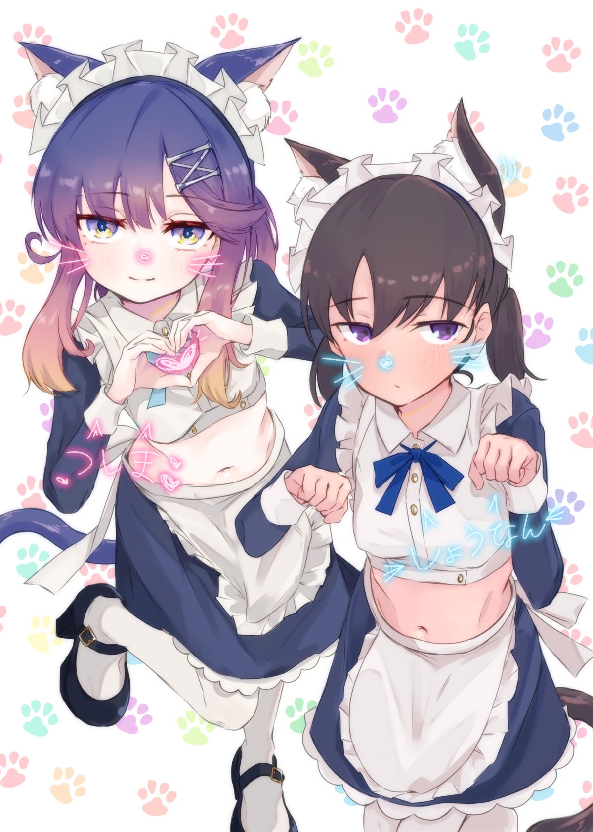 2girls alakoala alternate_costume animal_ears apron black_hair blue_shirt cat_ears cat_tail commentary_request enmaided frilled_apron frills gradient_hair heart heart_hands highres kantai_collection maid maid_headdress midriff multicolored_hair multiple_girls orange_hair pantyhose paw_pose paw_print paw_print_background purple_hair shirt short_hair short_hair_with_long_locks shounan_(kancolle) sidelocks smile tail tsushima_(kancolle) twintails violet_eyes whiskers white_apron white_pantyhose