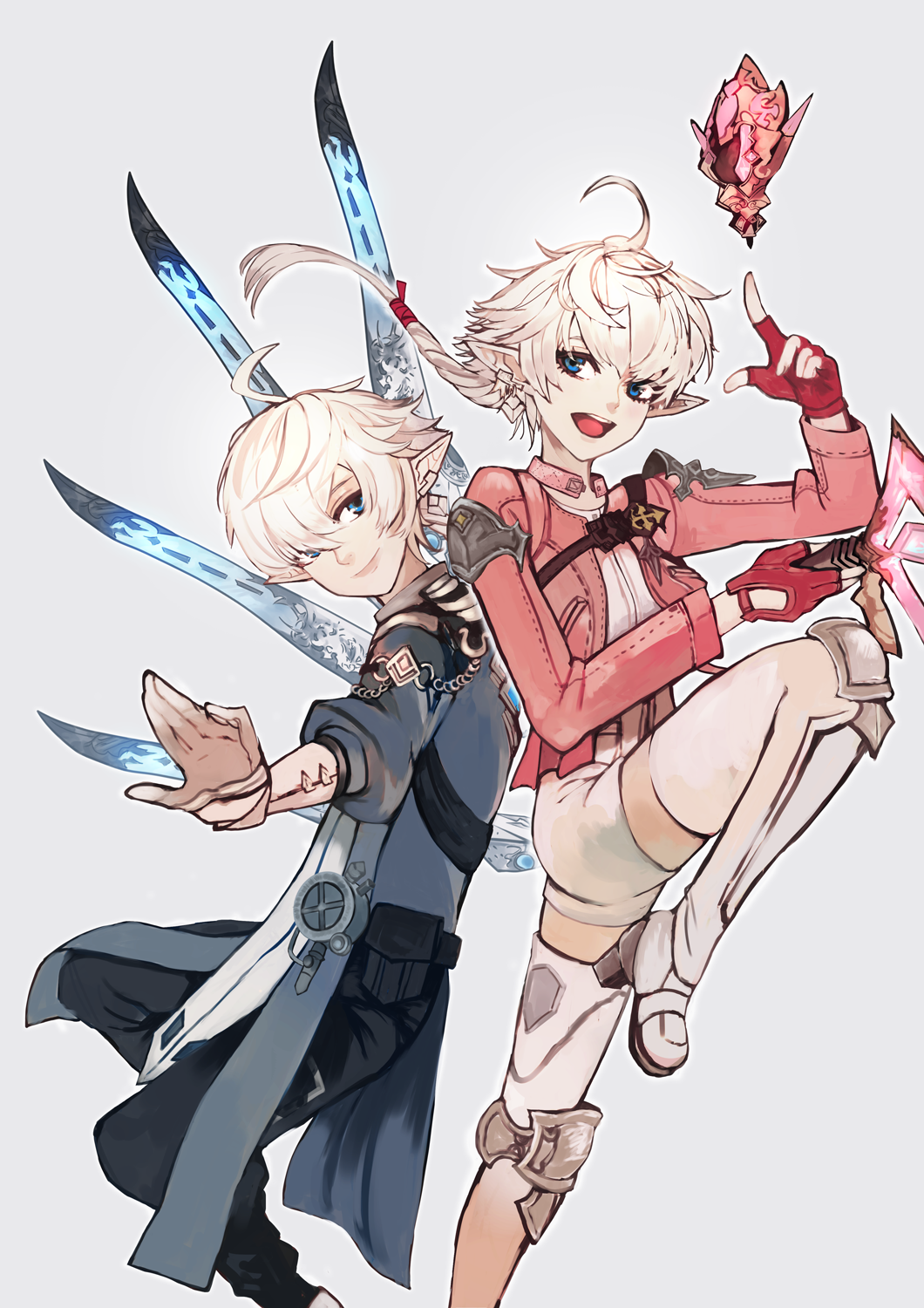 1boy 1girl ahoge alisaie_leveilleur alphinaud_leveilleur blue_coat blue_eyes blue_pants boots brother_and_sister coat commentary_request earclip edamamebig elezen elf final_fantasy final_fantasy_xiv fingerless_gloves gloves grey_background highres jacket knee_boots long_hair pants pointy_ears ponytail red_gloves red_jacket red_mage sage_(final_fantasy) shorts siblings simple_background smile twins white_footwear white_hair white_shorts