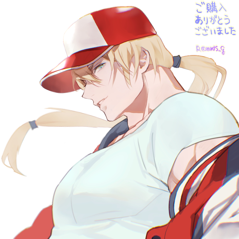 1boy artist_name baseball_cap blonde_hair blue_eyes english_text hat large_pectorals long_hair looking_at_viewer male_focus mmts_g muscular muscular_male open_clothes open_mouth pectorals ponytail smile solo terry_bogard the_king_of_fighters the_king_of_fighters_for_girls upper_body very_long_hair white_background