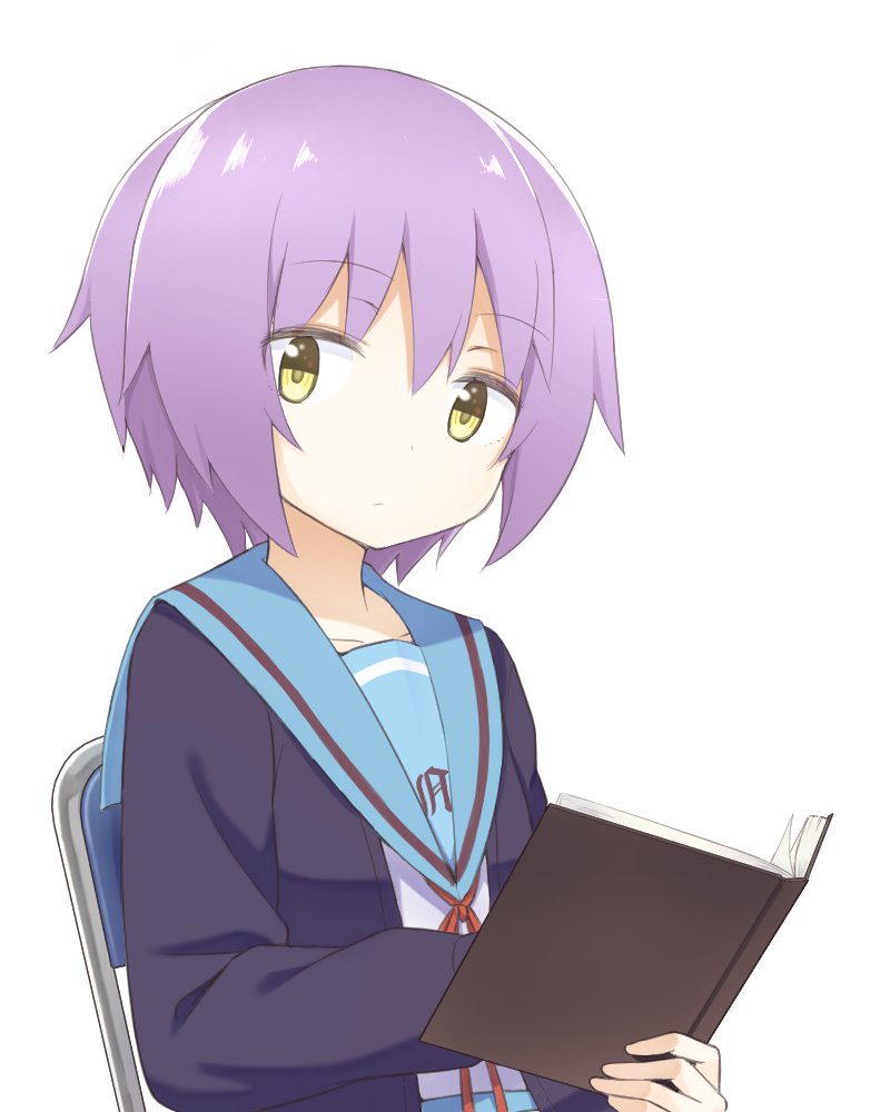 1girl black_cardigan blue_sailor_collar book cardigan chair chintara10 closed_mouth commentary_request expressionless hair_between_eyes holding holding_book kita_high_school_uniform long_sleeves looking_to_the_side nagato_yuki open_cardigan open_clothes purple_hair red_ribbon ribbon sailor_collar school_uniform serafuku short_hair simple_background solo suzumiya_haruhi_no_yuuutsu upper_body white_background winter_uniform