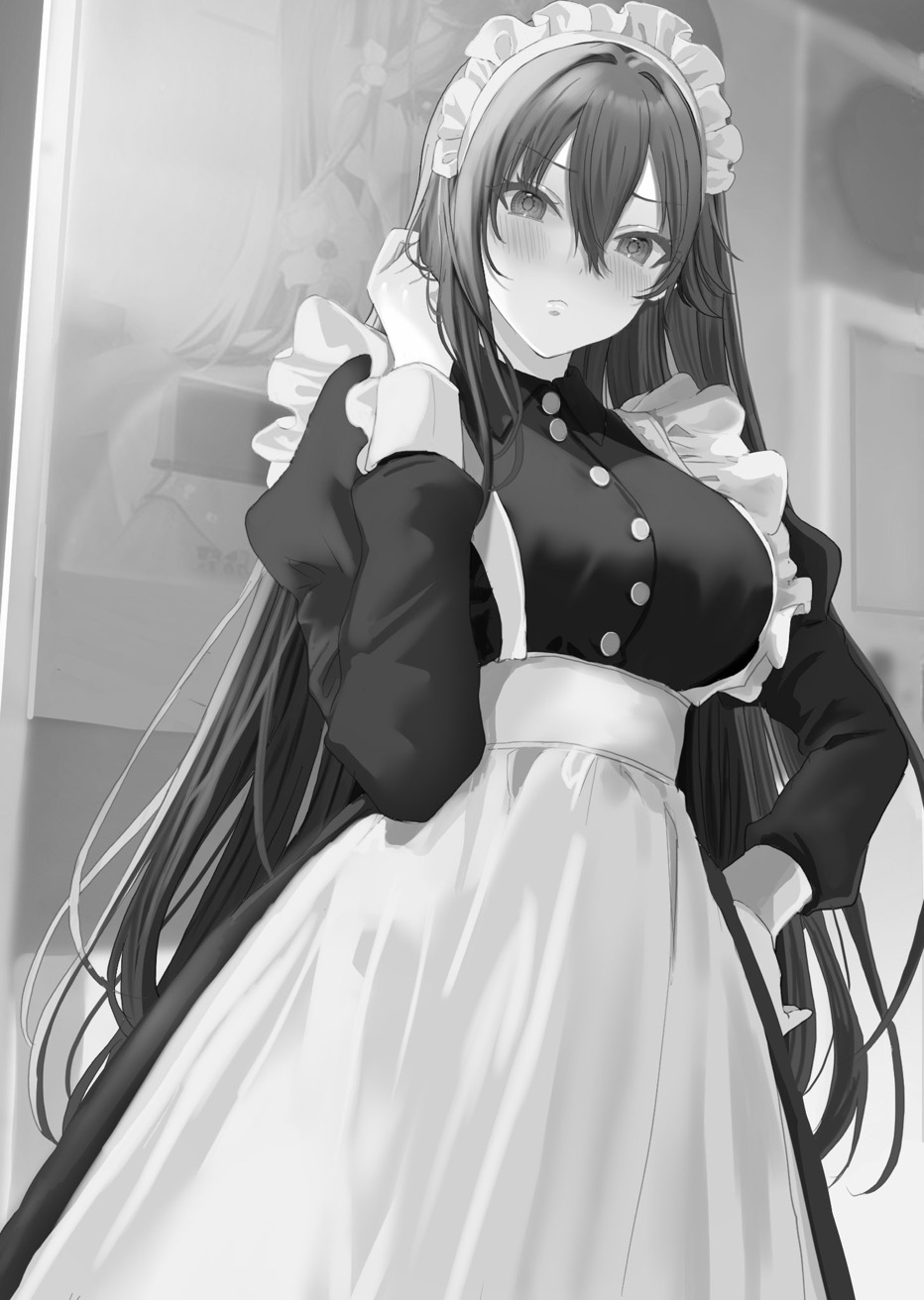 1girl alternate_costume blush breasts closed_mouth collared_dress commentary_request dress enmaided greyscale hair_between_eyes hamu_(plot_sy) hand_up highres indoors juliet_sleeves large_breasts long_hair long_sleeves looking_at_viewer maid maid_headdress monochrome original puffy_sleeves solo standing very_long_hair