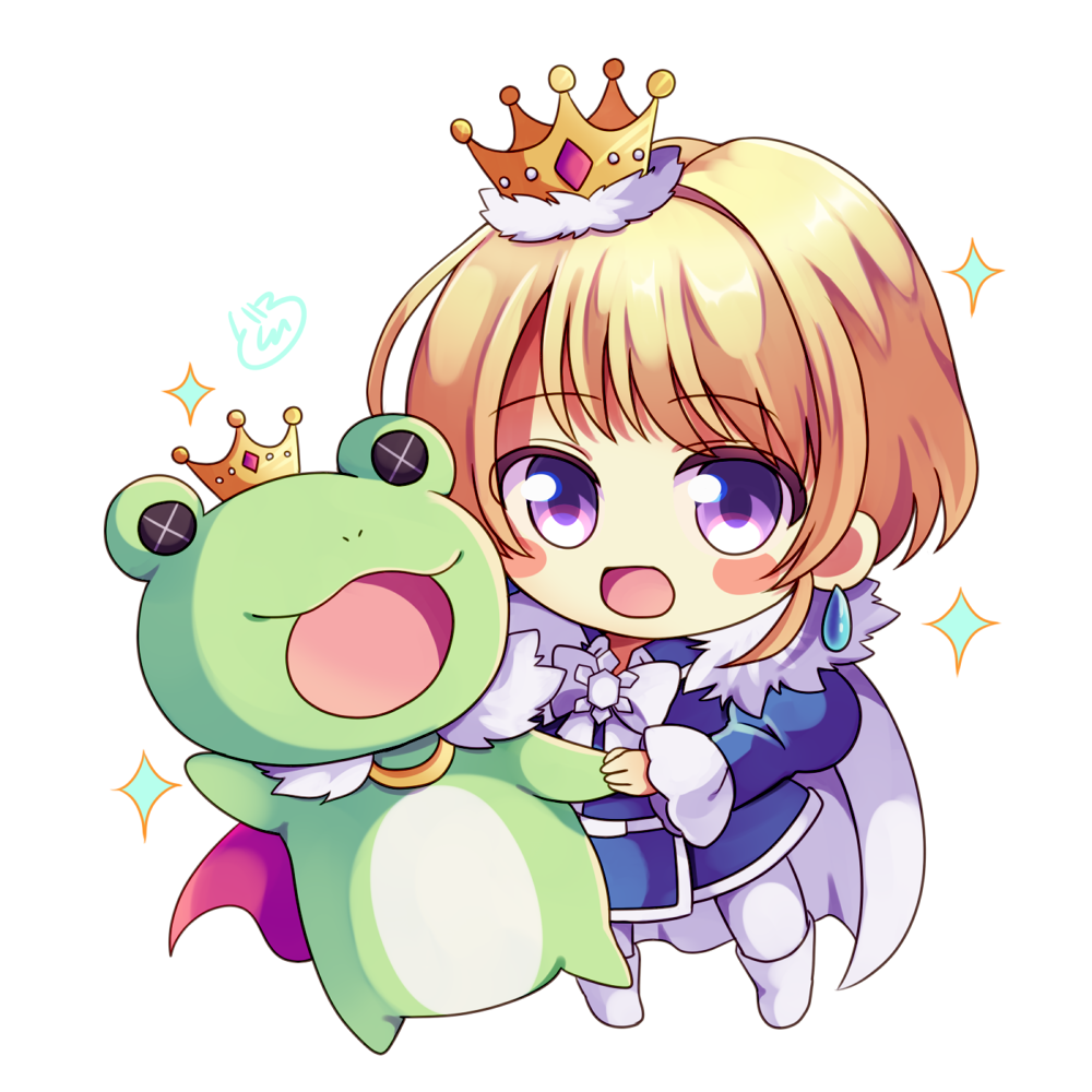 1boy blonde_hair cape chibi crown doroshii earrings idolmaster idolmaster_side-m jewelry kaerre looking_at_viewer male_focus mini_crown open_mouth pierre_bichelberger red_cape sparkle stuffed_animal stuffed_frog stuffed_toy violet_eyes white_background white_cape