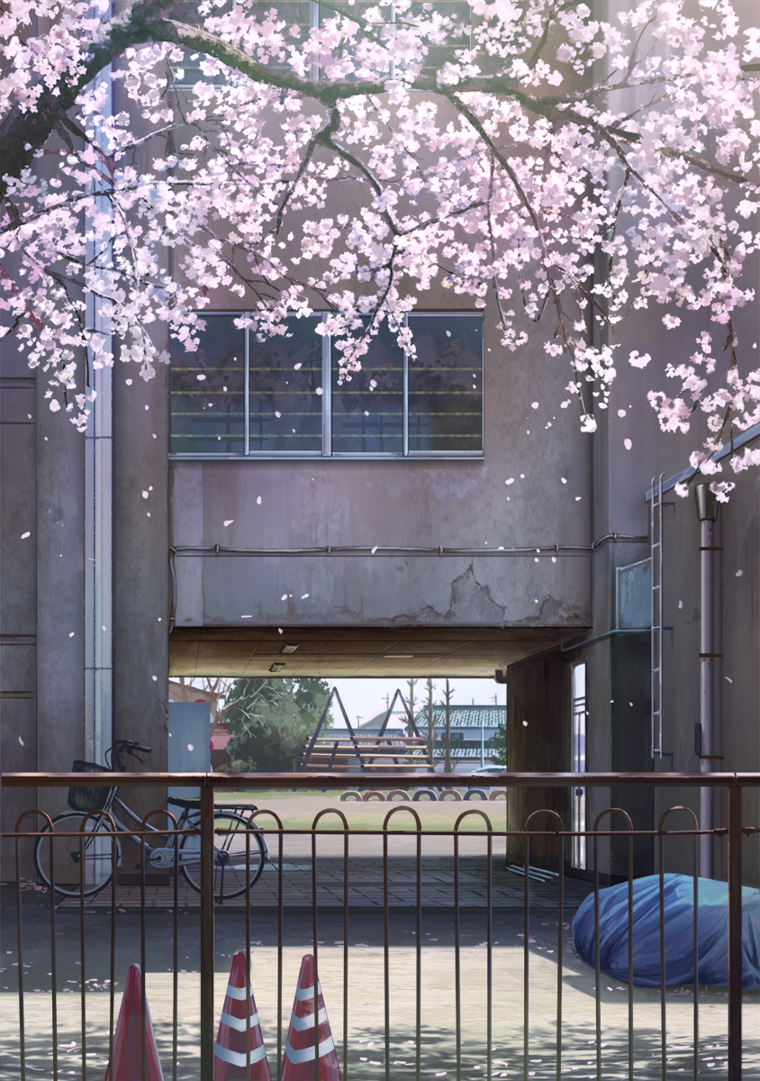 bicycle blue_sky building cherry_blossoms day drainpipe falling_petals fence ground_vehicle highres house ladder mizuasagi no_humans original outdoors petals playground power_lines reflection scenery school sky spring_(season) traffic_cone window