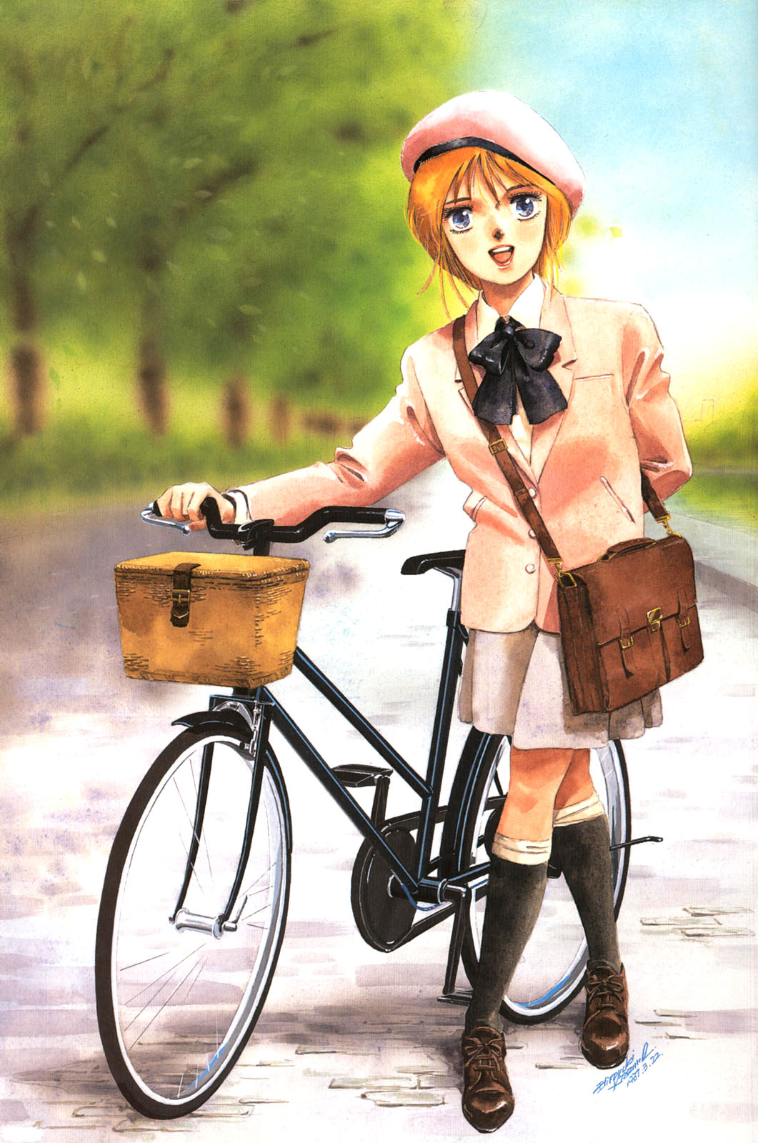 bag beret bicycle blazer blue_eyes bow elpeo_puru gundam gundam_zz hat highres kitazume_hiroyuki kneehighs lips oldschool open_mouth orange_hair outdoors short_hair skirt smile socks zeta_gundam