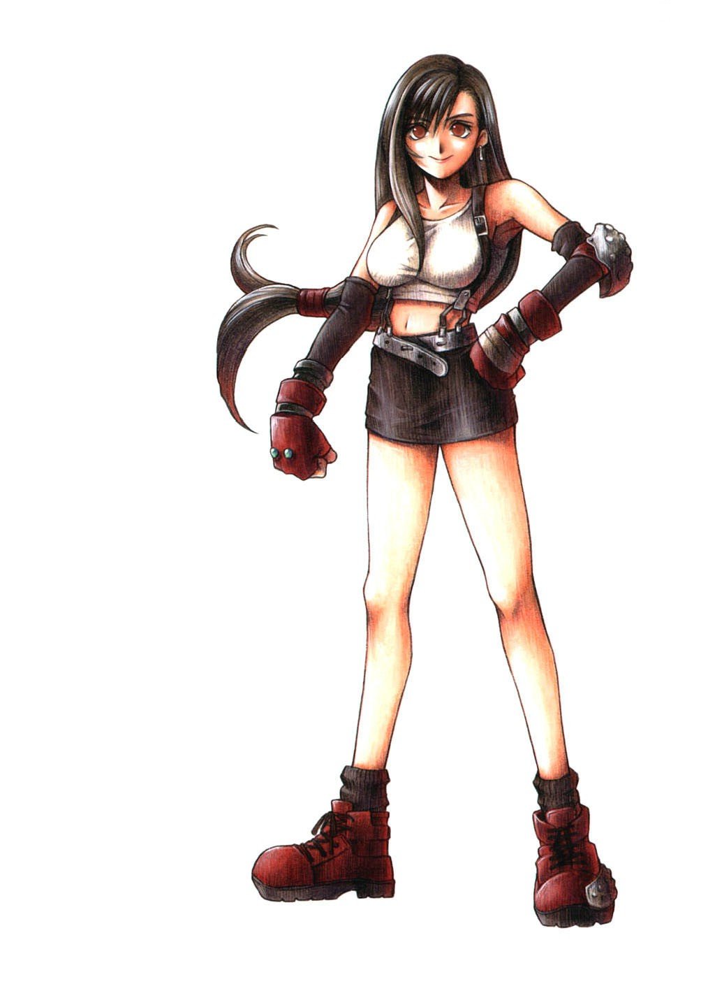 1girl bangs bare_legs belt black_hair black_legwear black_skirt breasts clenched_hand closed_mouth crop_top earrings elbow_gloves elbow_pads female final_fantasy final_fantasy_vii full_body gloves hand_on_hip jewelry large_breasts long_hair low-tied_long_hair midriff miniskirt navel nomura_tetsuya official_art red_eyes red_footwear simple_background single_elbow_pad skirt sleeveless smile socks solo standing suspender_skirt suspenders tank_top tifa_lockhart white_background white_tank_top