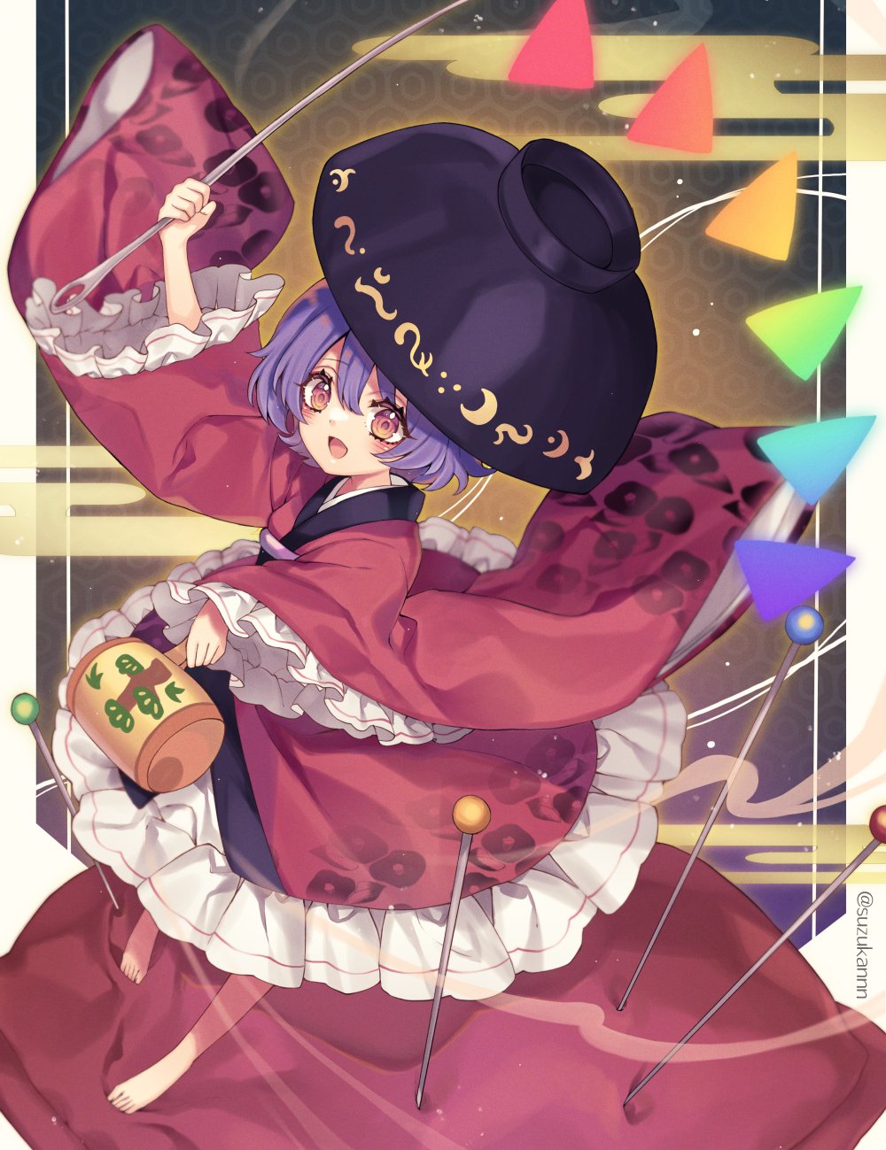1girl :d barefoot black_headwear bowl bowl_hat frilled_kimono frilled_sleeves frills full_body hat highres holding holding_mallet holding_needle japanese_clothes kimono kyouda_suzuka long_sleeves looking_at_viewer mallet medium_hair miracle_mallet needle open_mouth purple_hair red_eyes red_kimono smile solo sukuna_shinmyoumaru touhou wide_sleeves