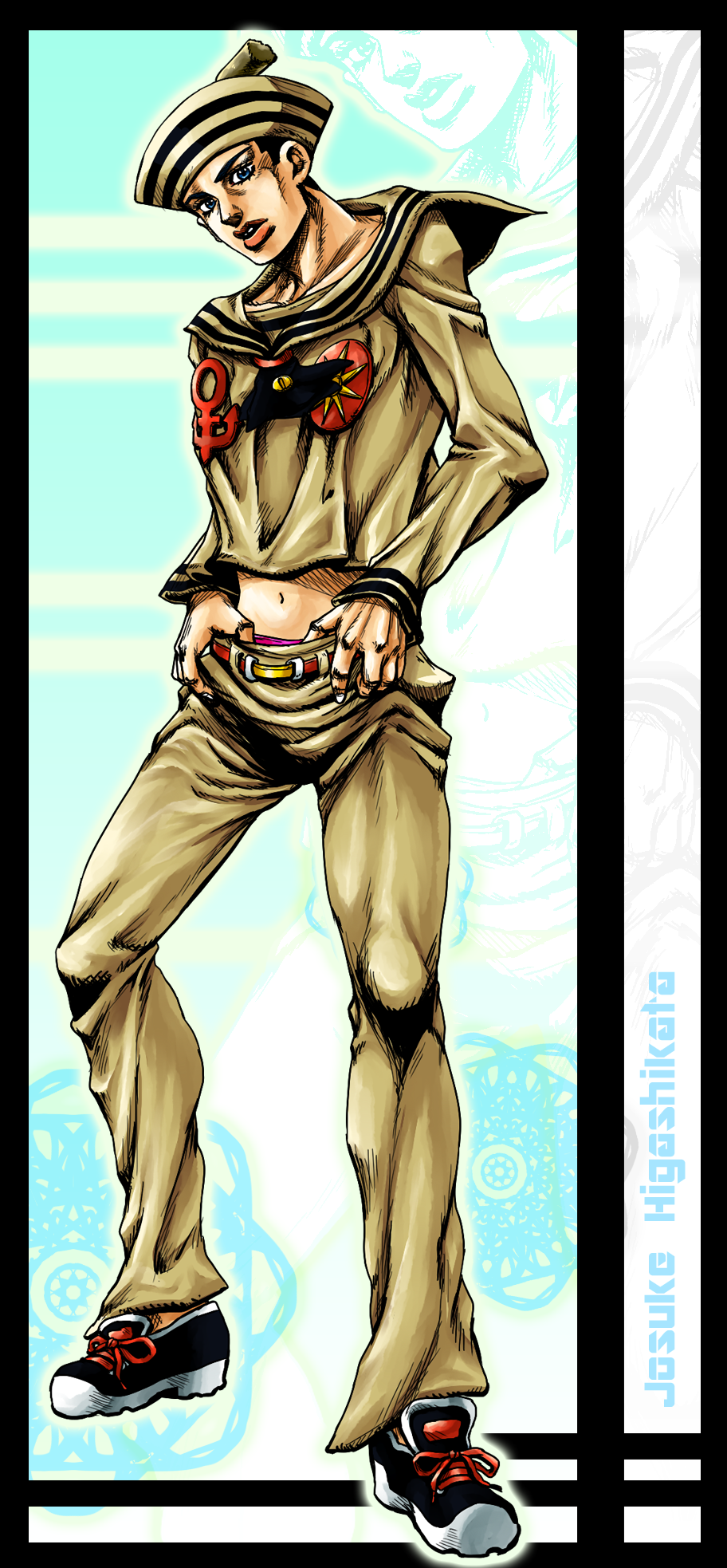 1boy black_hair blue_eyes character_name crop_top dixie_cup_hat doily full_body hands_on_own_hips hat higashikata_josuke_(jojolion) highres jojo_no_kimyou_na_bouken jojolion male_underwear male_underwear_peek metamin_(memethah) midriff military_hat official_style sailor solo standing underwear zoom_layer