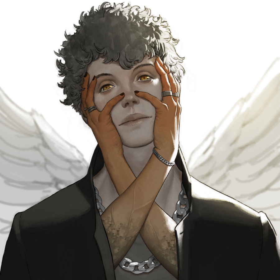 1boy angel_wings black_jacket black_nails blurry bracelet brown_eyes chain_necklace depth_of_field grey_hair hands_on_another's_face jacket jewelry male_focus multiple_rings necklace original pale_skin ring solo tahra veins veiny_arms wings