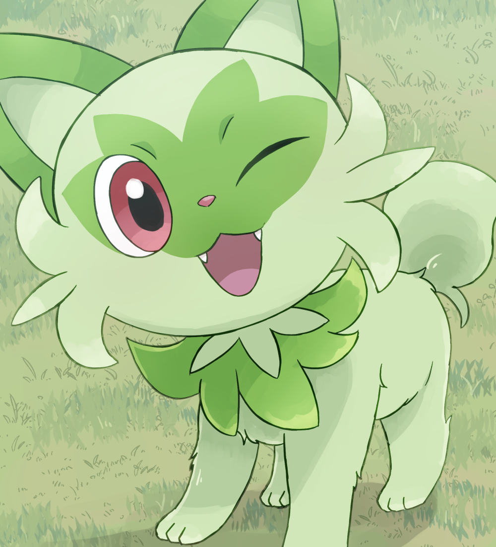 grass green_theme looking_at_viewer no_humans on_grass one_eye_closed open_mouth outdoors pokemon pokemon_(creature) rumine_(yoshi1234567) solo sprigatito
