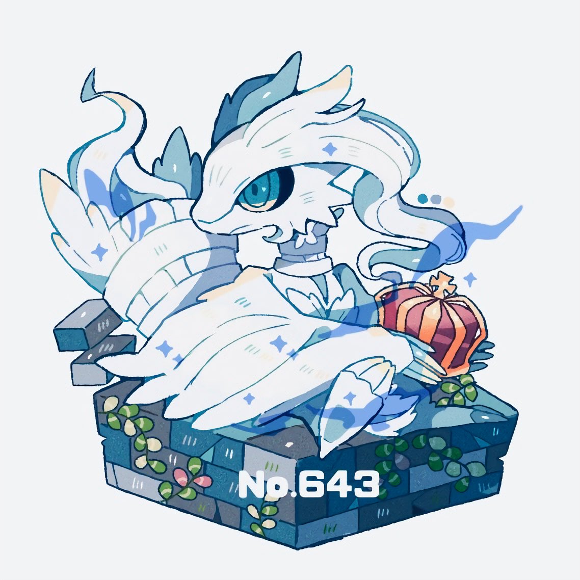 closed_mouth color_guide commentary_request crown faux_figurine holding holding_crown looking_away looking_to_the_side no_humans plant pokedex_number pokemon pokemon_(creature) reshiram shino_(shinoru_p) simple_background sparkle vines white_background