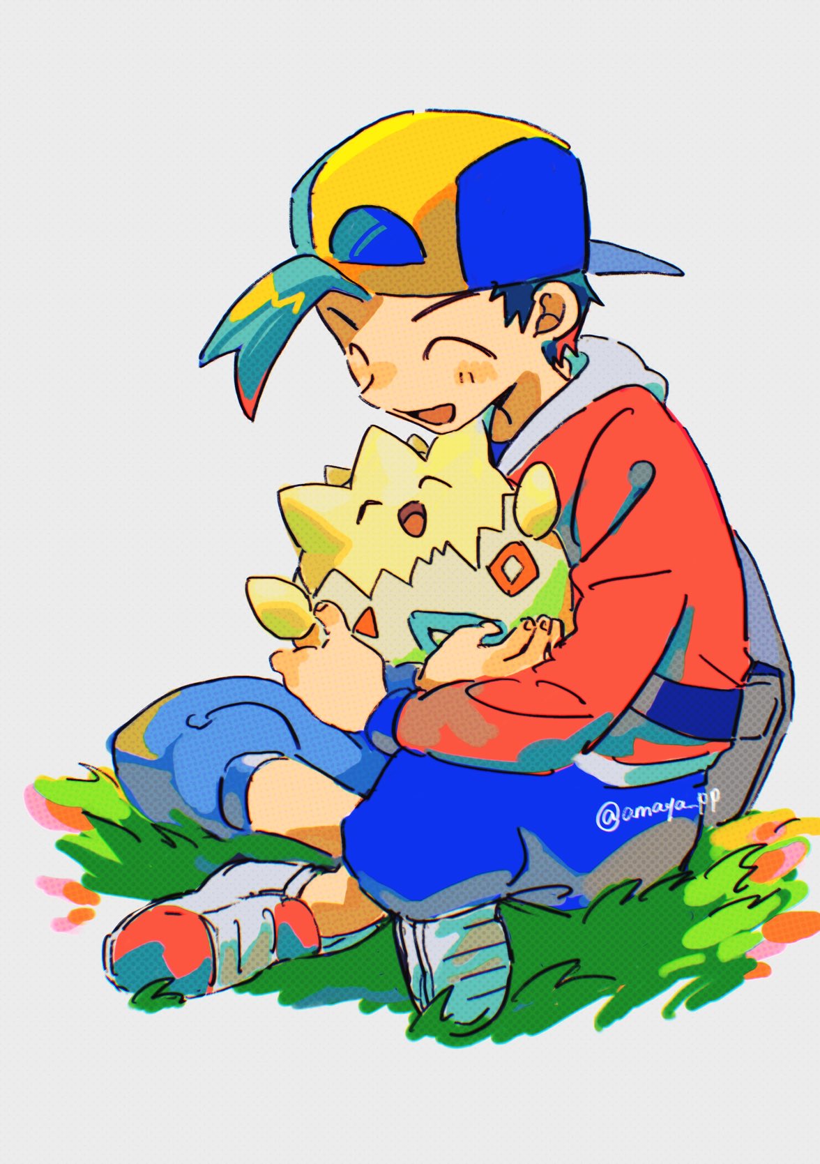 1boy :d ^_^ amaya_uw backwards_hat bag black_hair blue_pants closed_eyes commentary_request ethan_(pokemon) grass grey_bag happy hat highres holding holding_pokemon jacket long_sleeves male_focus open_mouth pants pokemon pokemon_(creature) pokemon_(game) pokemon_hgss red_jacket shoes short_hair sitting smile togepi twitter_username watermark white_background