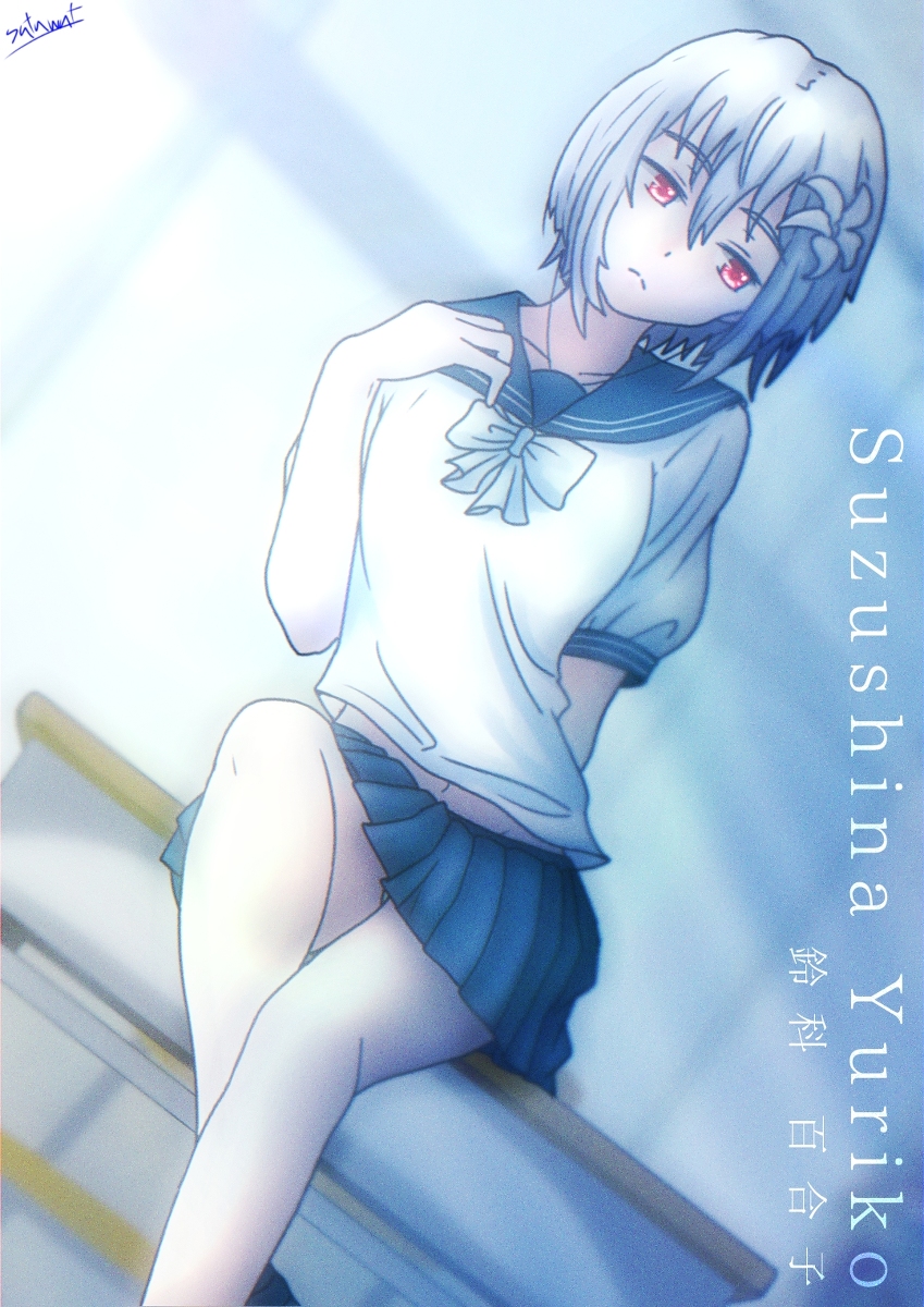 1girl a_certain_high_school_uniform accelerator_(toaru_majutsu_no_index) albino ambiguous_gender androgynous arm_at_side bare_legs blue_sailor_collar blue_skirt blurry blurry_background bow breasts chantanapot character_name contrapposto cowboy_shot desk dutch_angle english_text flower genderswap genderswap_(mtf) hair_flower hair_ornament hand_up highres kanji light_frown lily_(flower) looking_away looking_to_the_side midriff_peek miniskirt on_desk pale_skin pleated_skirt pov red_eyes sailor_collar school school_uniform shirt short_hair short_sleeves signature sitting sitting_on_desk skirt small_breasts solo summer_uniform suzushina_yuriko toaru_majutsu_no_index white_bow white_hair white_shirt window
