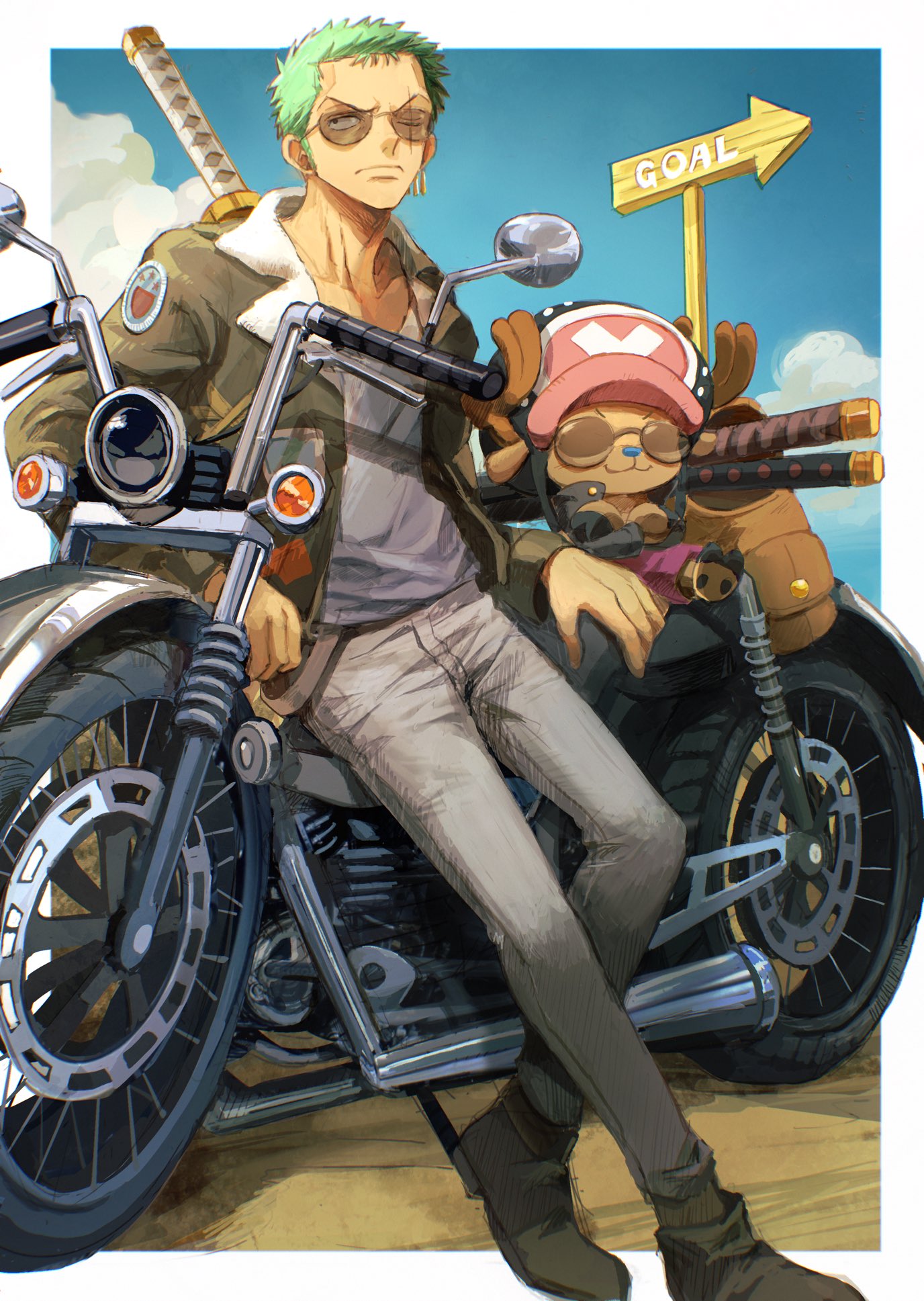 2boys animal animal_ears antlers antlers_through_headwear black_jacket blue_nose blue_sky closed_mouth clouds cloudy_sky collarbone commentary_request crossed_arms day deer_ears earrings gold_earrings green_hair highres jacket jewelry katana male_focus motor_vehicle motorcycle multiple_boys oekakiboya on_motorcycle one_eye_closed one_piece outdoors pants reindeer reindeer_antlers roronoa_zoro scar scar_on_face shirt short_hair sitting sky sunglasses sword tony_tony_chopper weapon weapon_on_back