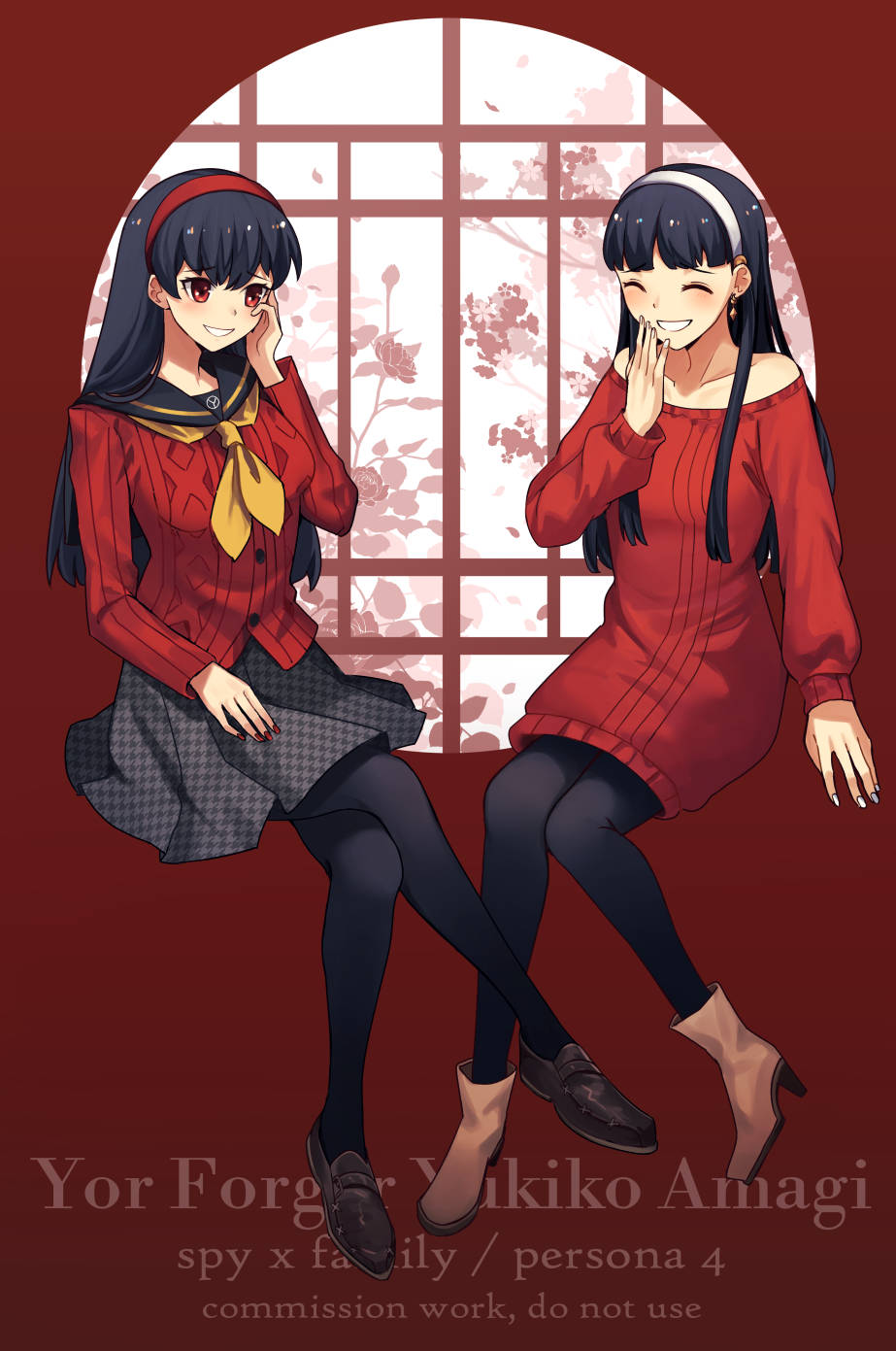 2girls :d ^_^ amagi_yukiko ascot black_hair black_pantyhose blue_sailor_collar blunt_bangs blush brown_footwear cardigan character_name closed_eyes collarbone color_connection commentary copyright_name crossed_legs crossover earrings english_commentary floral_background full_body grey_skirt hair_between_eyes hair_color_connection hair_over_shoulder hairband hairstyle_connection hand_on_own_cheek hand_on_own_face hand_to_own_mouth hand_up highres jewelry knees_together_feet_apart kuki_tan long_hair long_sleeves look-alike looking_at_another miniskirt multiple_girls nail_polish open_mouth pantyhose persona persona_4 pleated_skirt red_background red_cardigan red_eyes red_hairband red_nails round_window sailor_collar school_uniform sidelocks simple_background sitting skirt smile spy_x_family white_hairband white_nails window yellow_ascot yor_briar