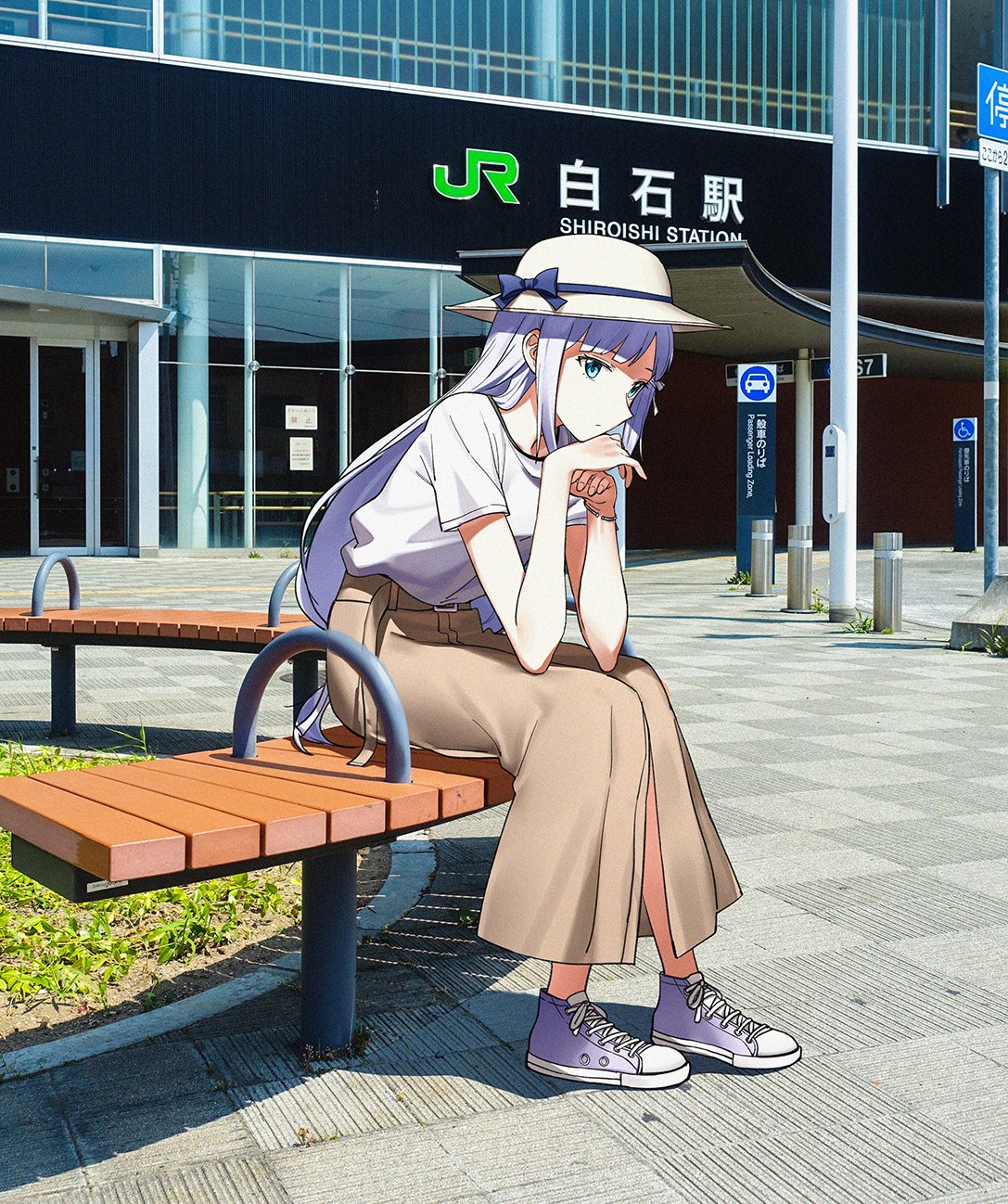 1girl bench blue_eyes blue_hair bow bracelet brown_skirt closed_mouth hat head_rest highres idolmaster idolmaster_million_live! idolmaster_million_live!_theater_days jewelry long_hair long_skirt looking_at_viewer nakamura_rohane pavement photo_background shiraishi_tsumugi shirt shoes short_sleeves side_slit sitting skirt sneakers solo straw_hat train_station very_long_hair white_shirt